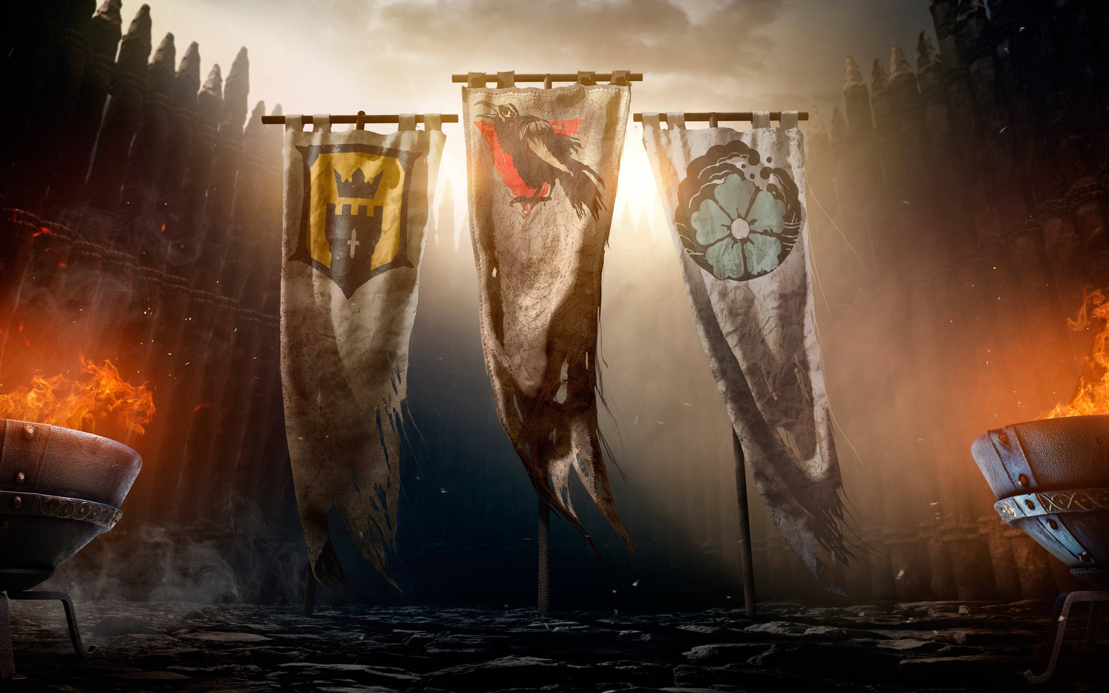 For Honor 4K, tattered medieval banners, heraldic symbols, 4K Desktop Wallpaper