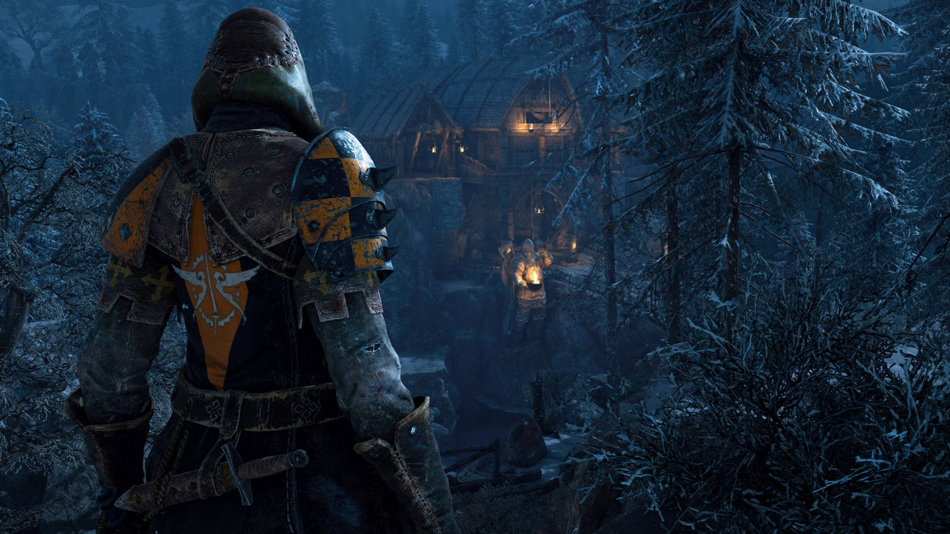 For Honor Conqueror, hooded armored warrior, snowy forest, Full HD Desktop Wallpaper