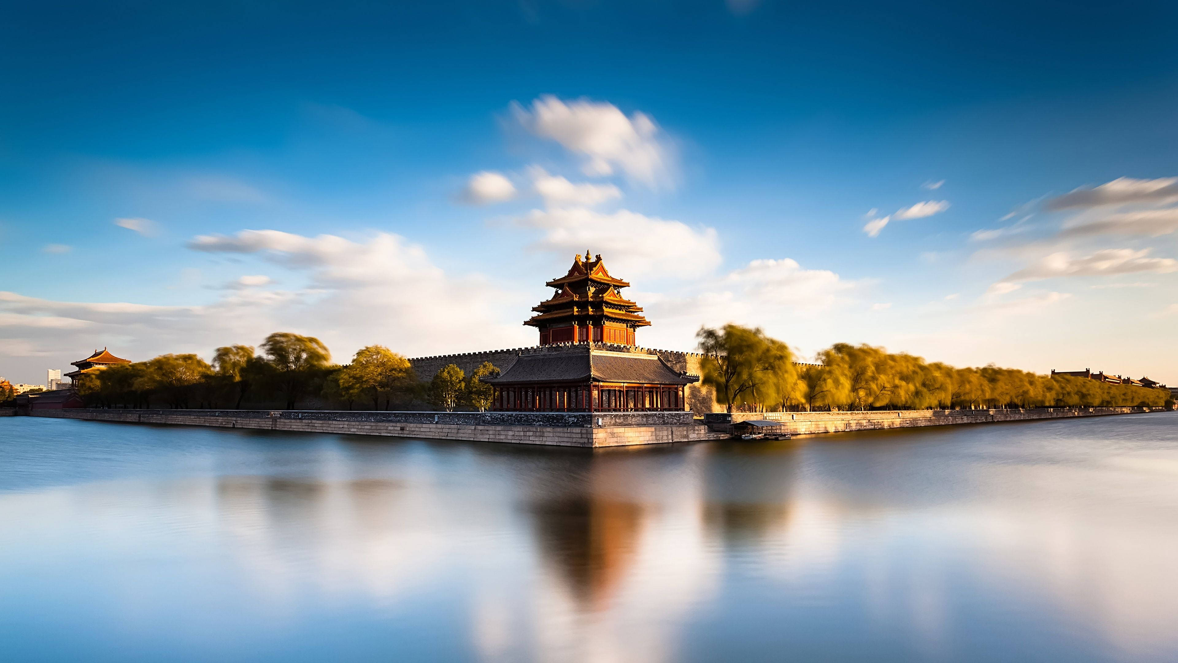 Forbidden City, traditional Chinese palace tower, calm moat, 4K Desktop Wallpaper