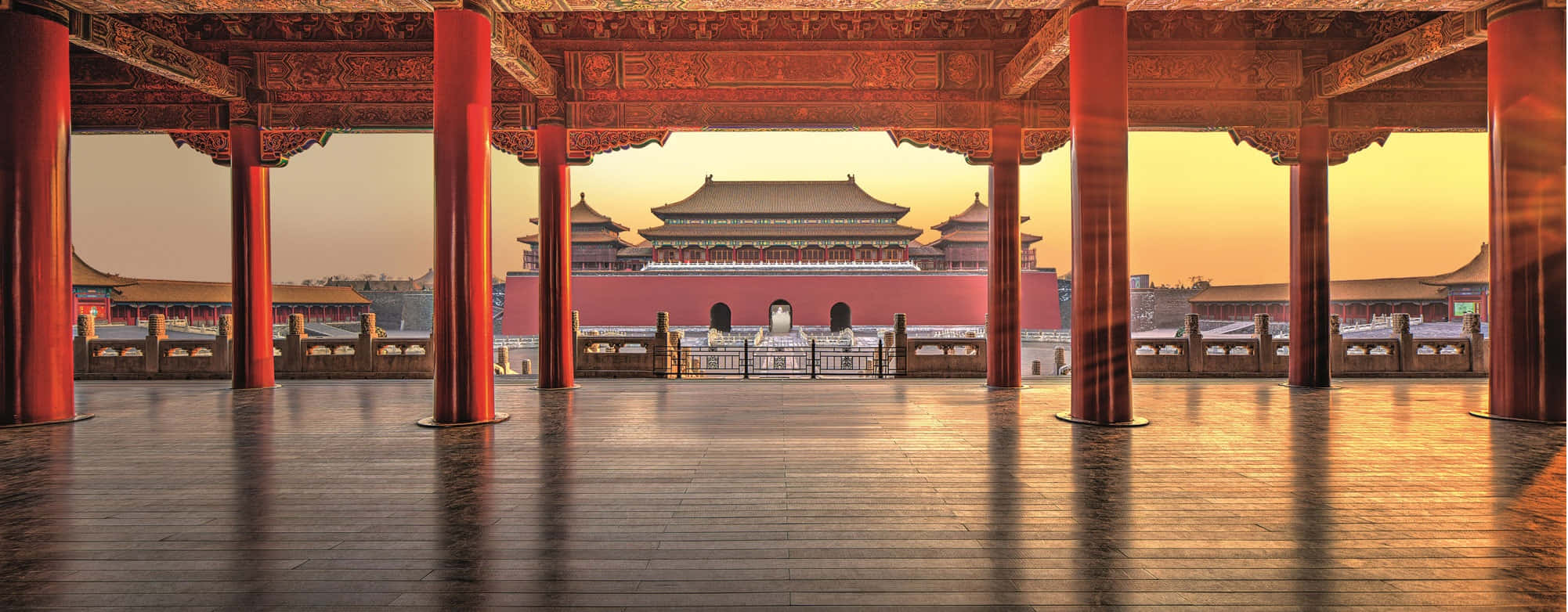 Forbidden City, golden sunset, red pillars, Full HD Desktop Wallpaper