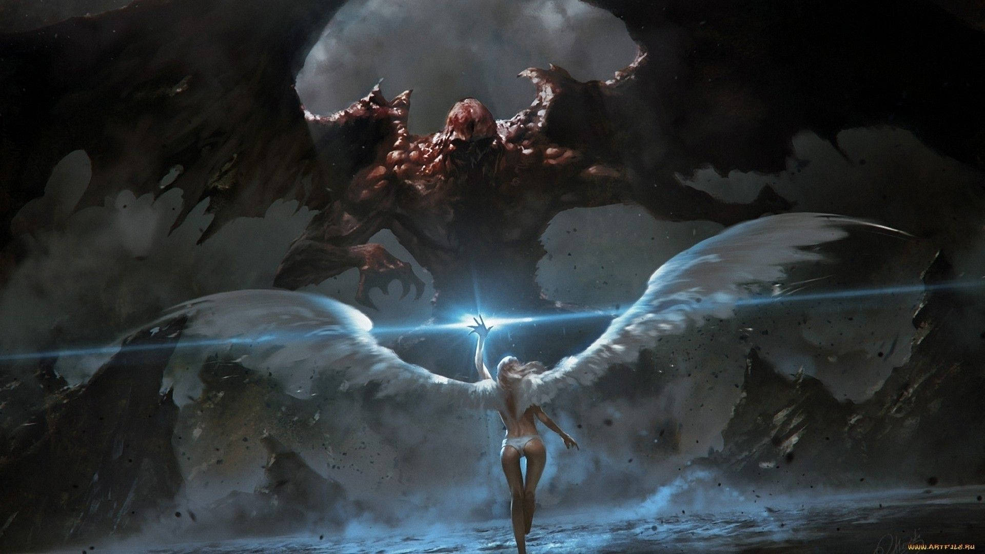 angel, demonic entity, glowing wings, Full HD Desktop Wallpaper