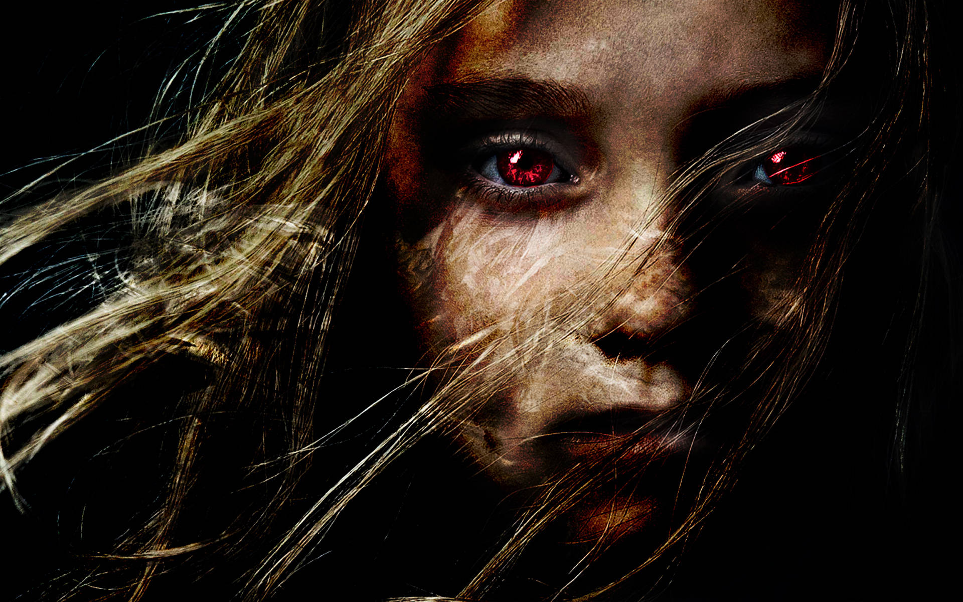 demon girl, glowing red eyes, wind-blown hair, Full HD Desktop Wallpaper