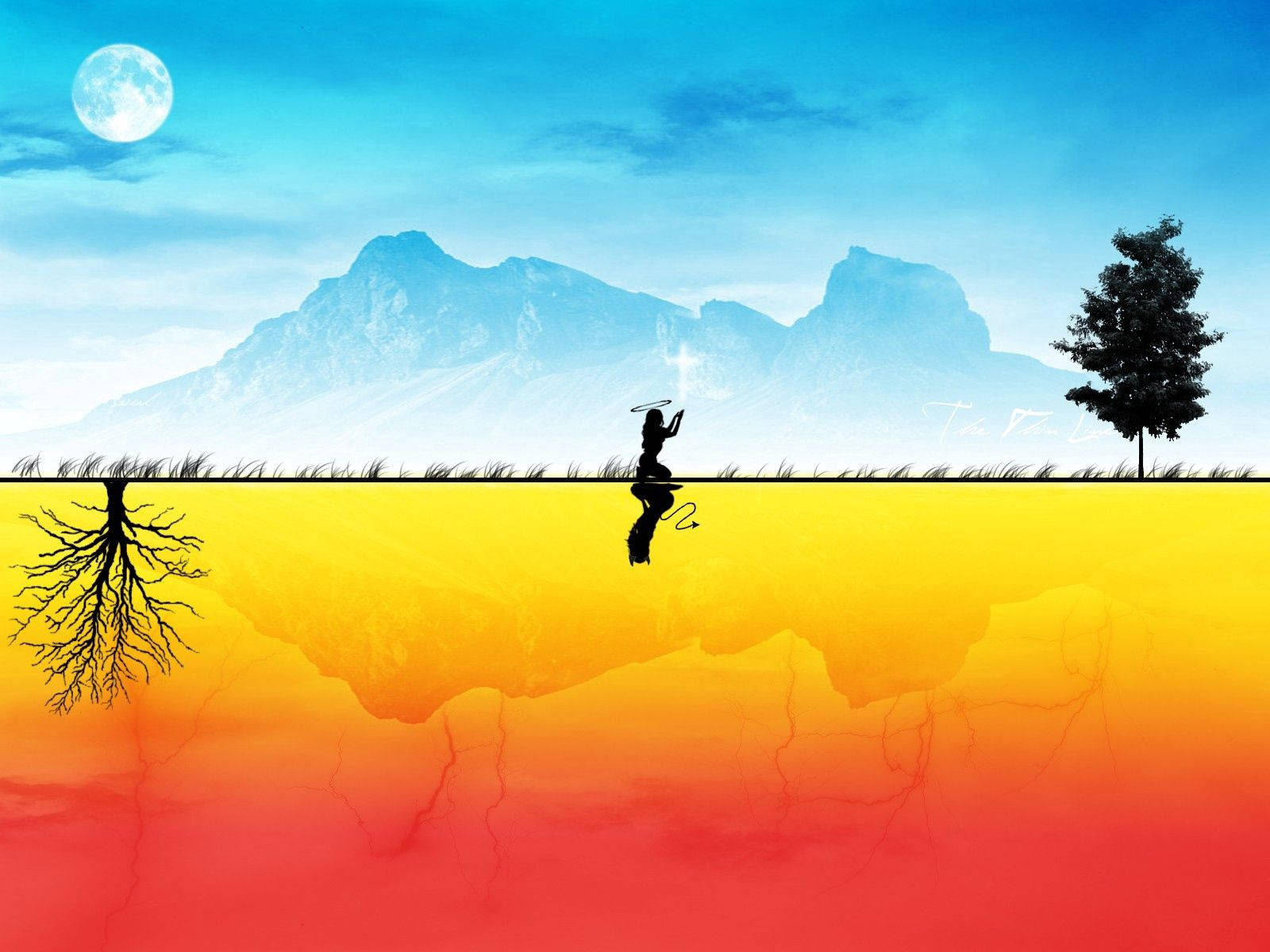 full moon, surreal landscape, vibrant yellow and red gradients, HD Desktop Wallpaper