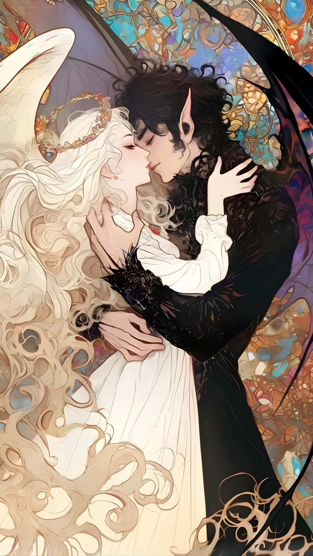 angel, dark-winged elf, flowing white hair, Full HD Phone Wallpaper