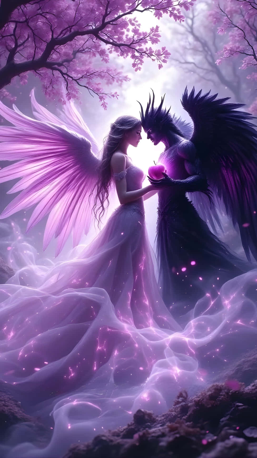 Forbidden Love Angel And Demon, angel, purple wings, Full HD Phone Wallpaper