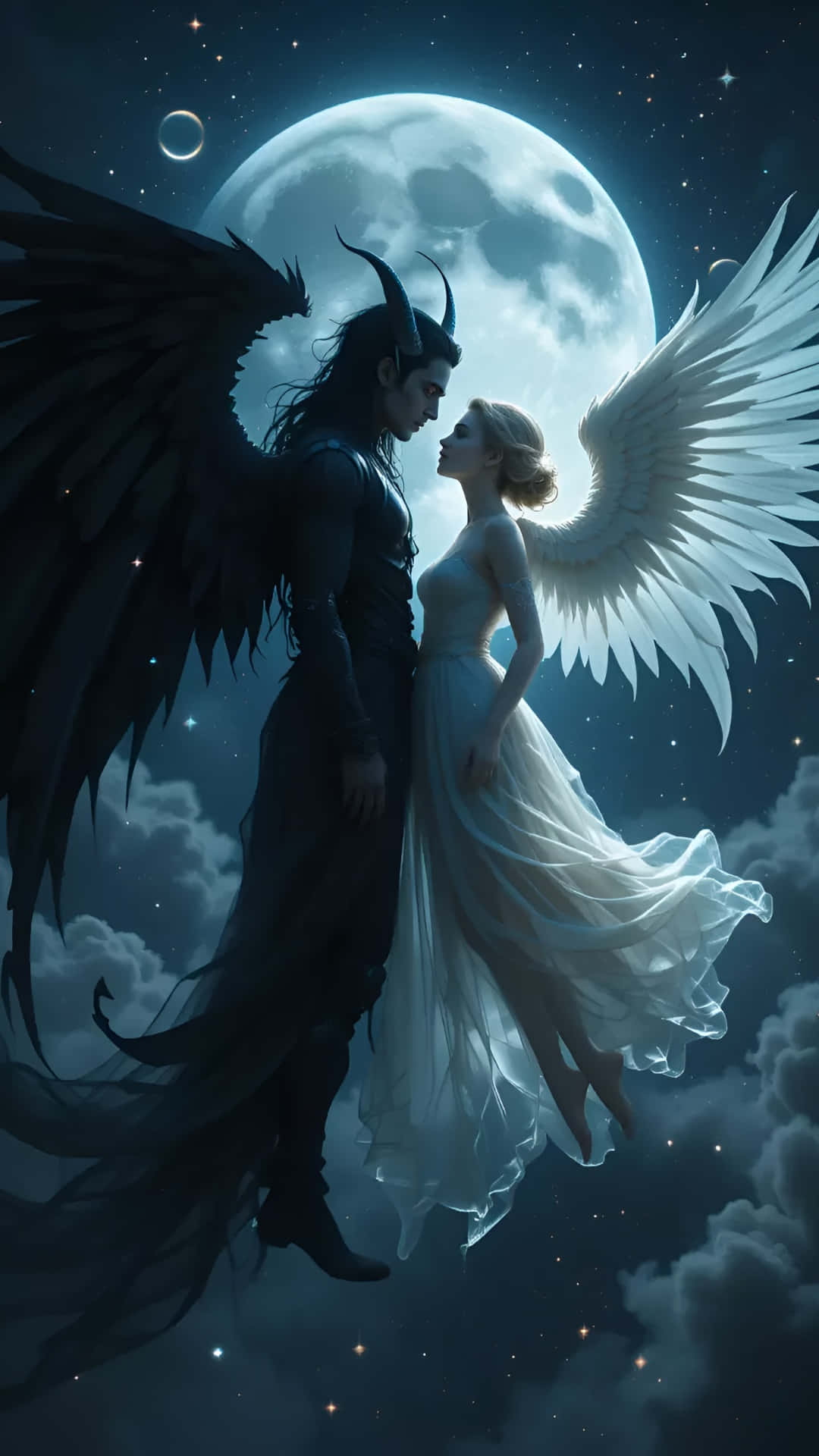Forbidden Love Angel And Demon, dark winged figure, white winged woman, Full HD Phone Wallpaper