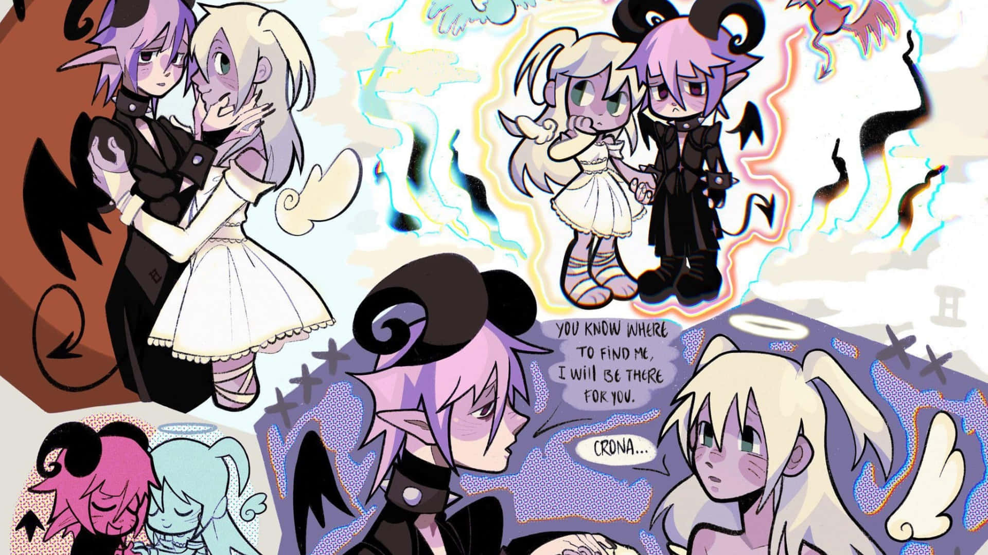 Forbidden Love Angel And Demon, purple hair, horns, Full HD Desktop Wallpaper