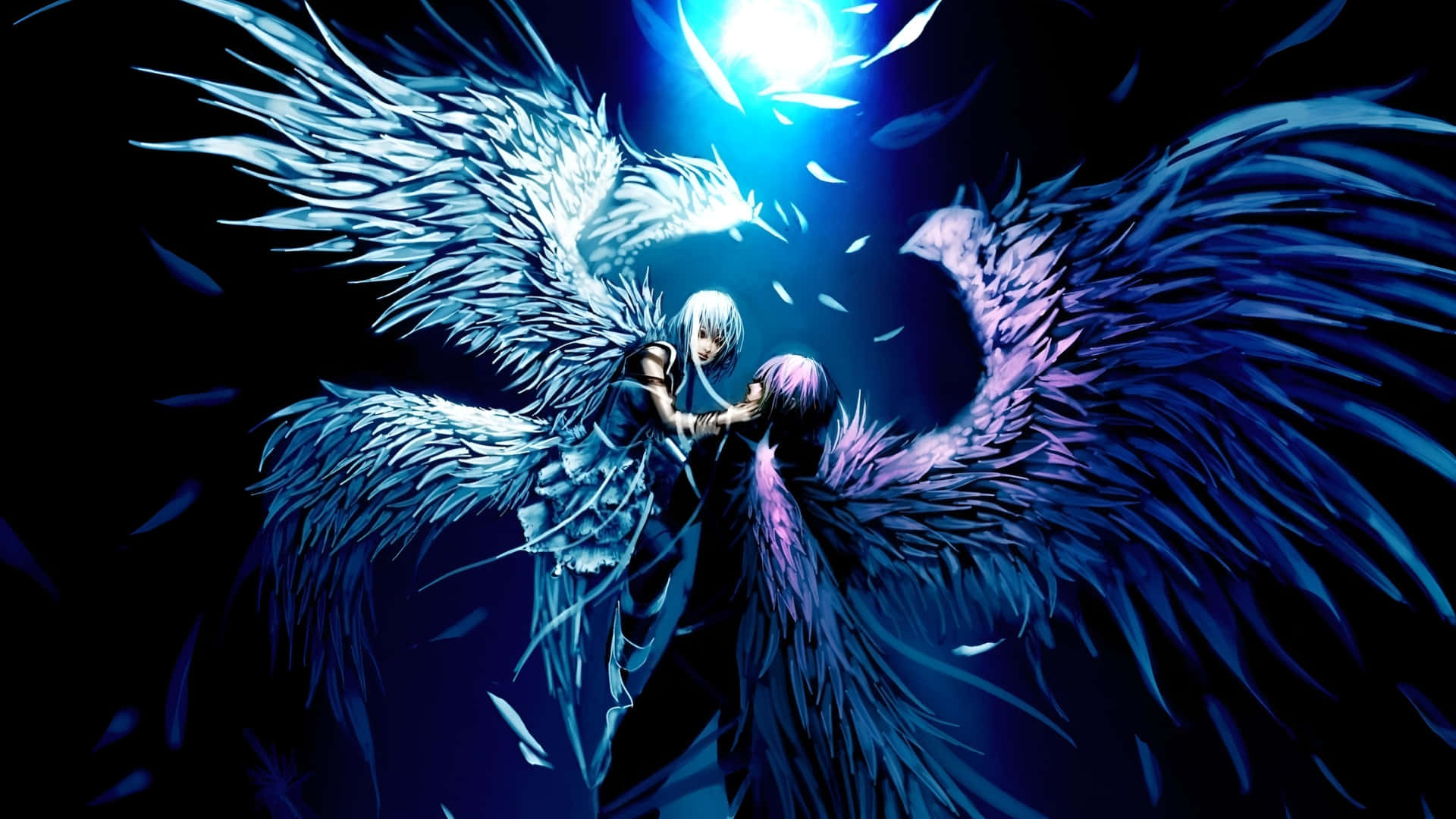 Forbidden Love Angel And Demon, blue feathered wings, purple feathered wings, Full HD Desktop Wallpaper