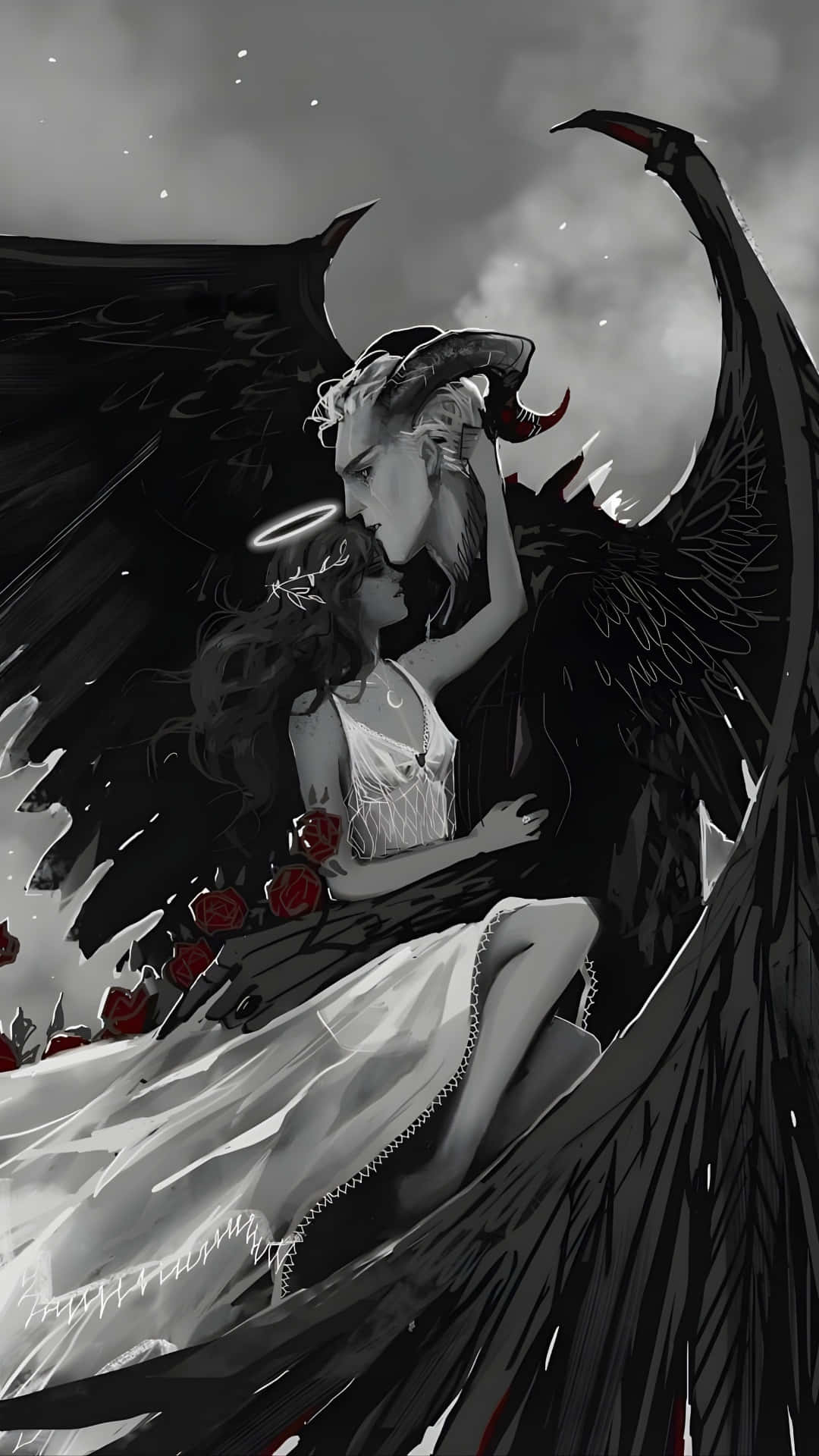 Forbidden Love Angel And Demon, dark-winged horned figure, woman in white, Full HD Phone Wallpaper