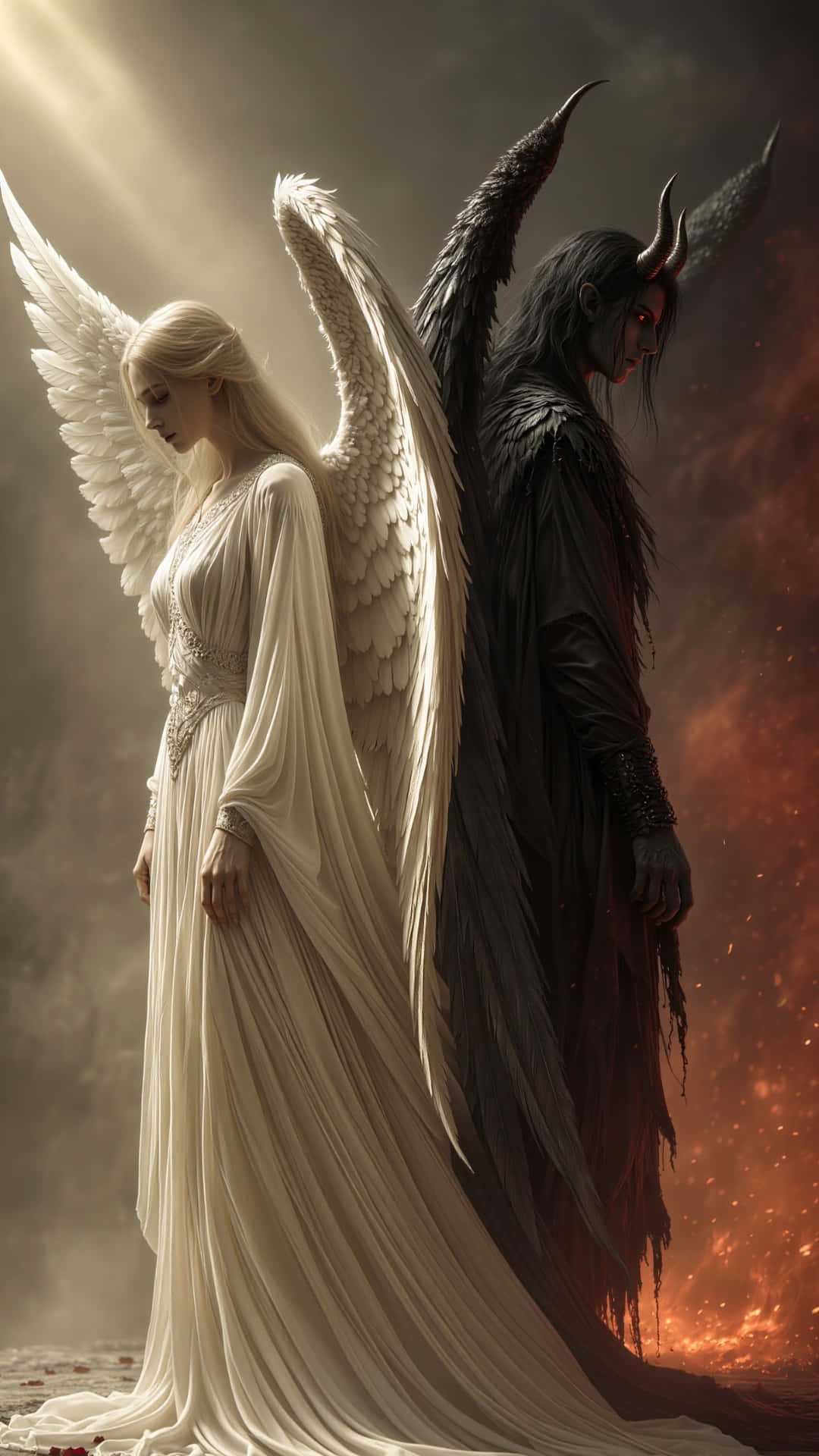 Forbidden Love Angel And Demon, angel, demonic horned figure, Full HD Phone Wallpaper