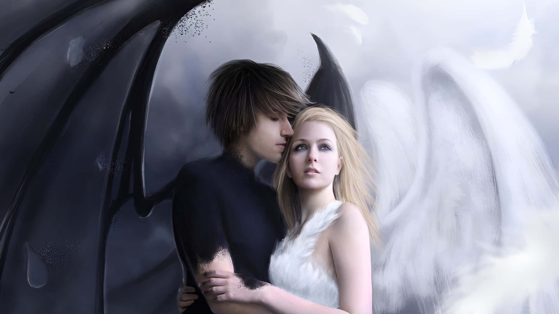 Forbidden Love Angel And Demon, dark-winged figure, blonde angel, Full HD Desktop Wallpaper