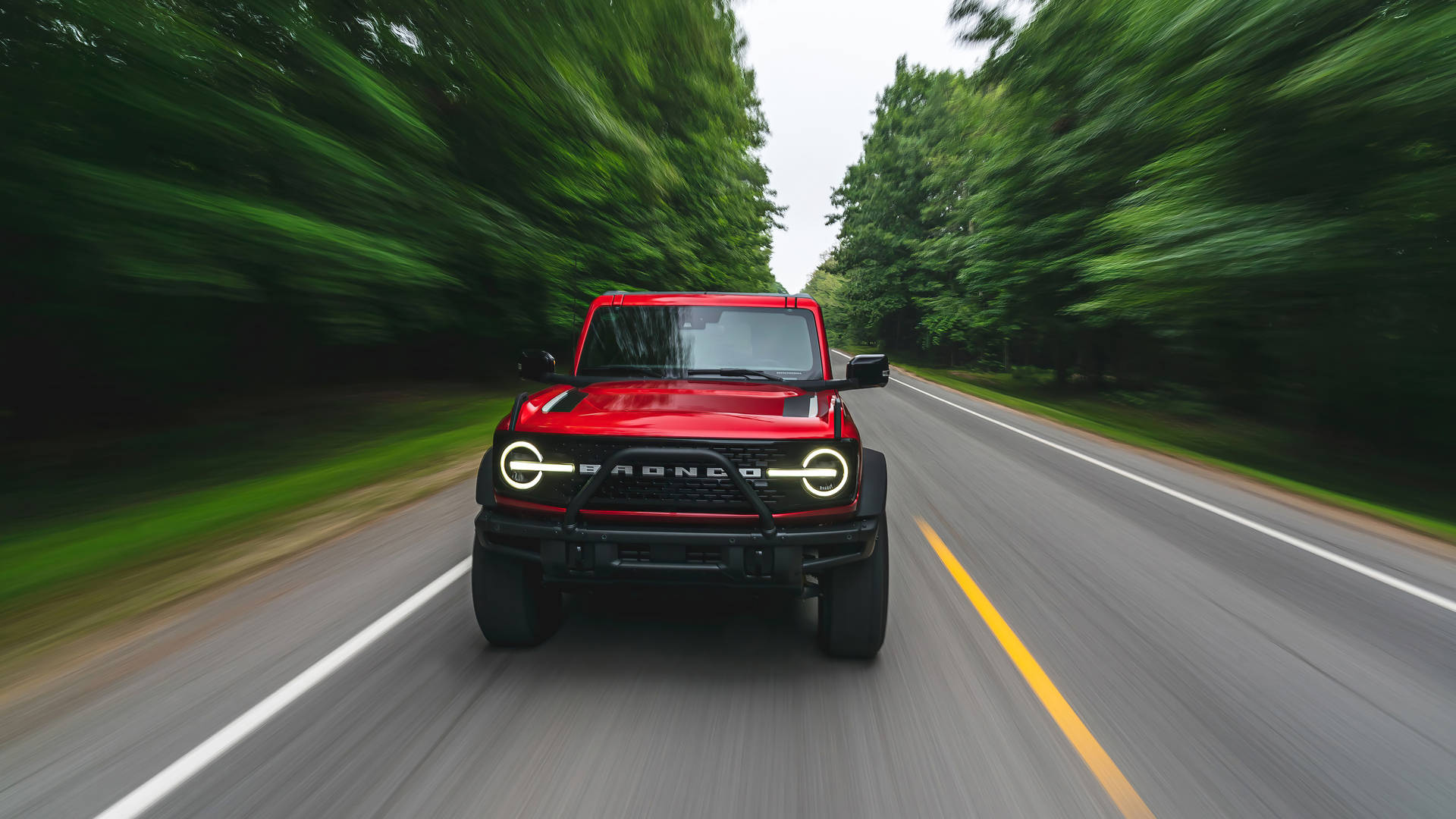 Ford Bronco, red, forest-lined road, Full HD Desktop Wallpaper