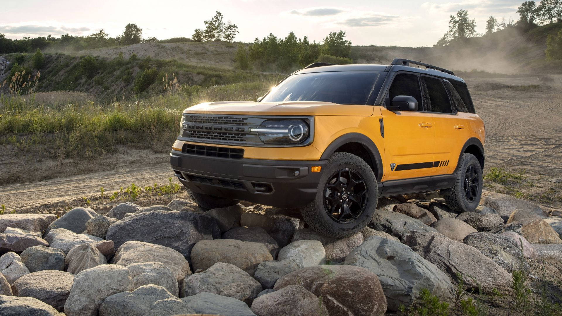 Ford Bronco, vibrant yellow, rocky trail, Full HD Desktop Wallpaper