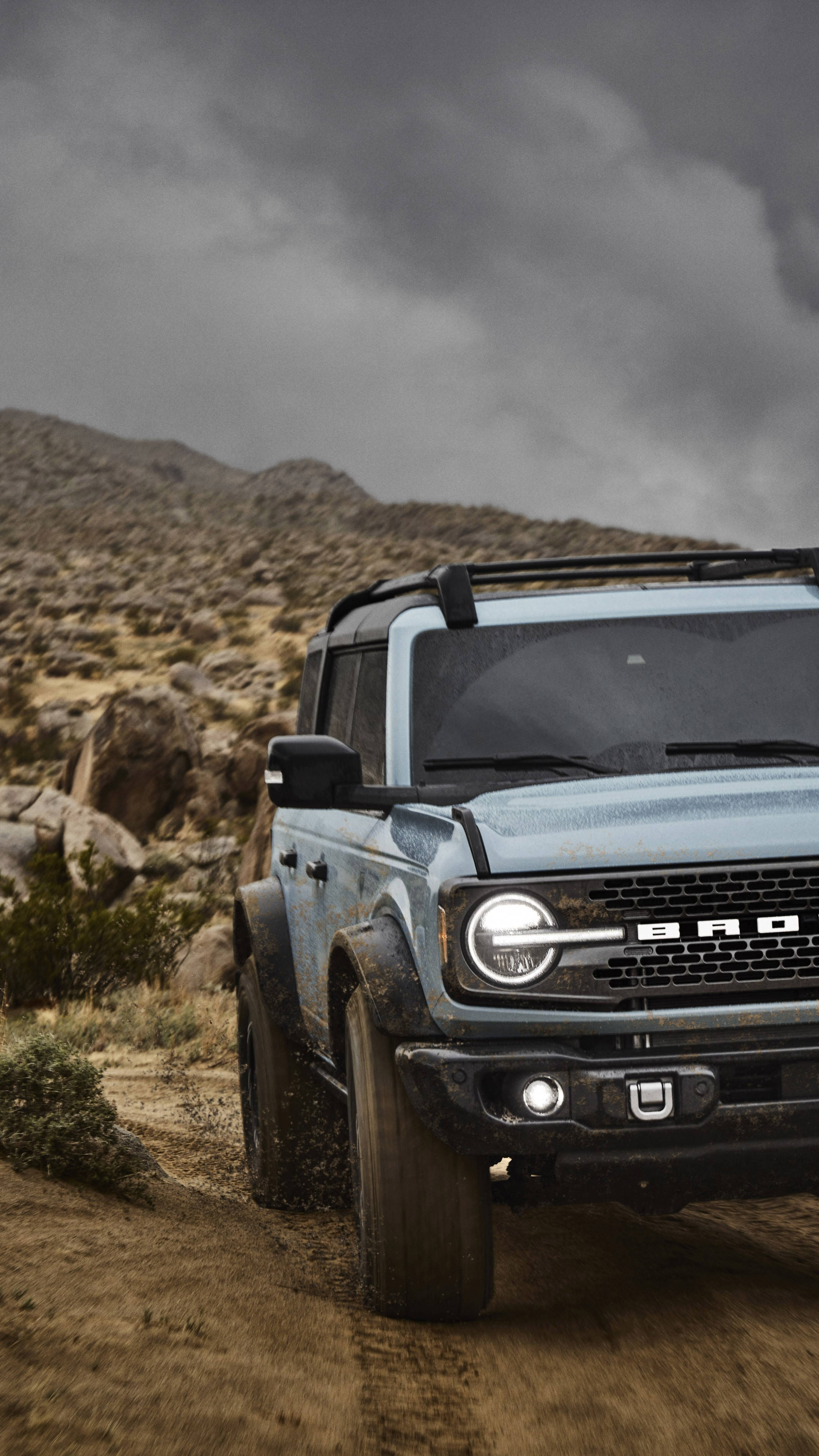 Ford Bronco, blue, dusty desert trail, 4K Phone Wallpaper
