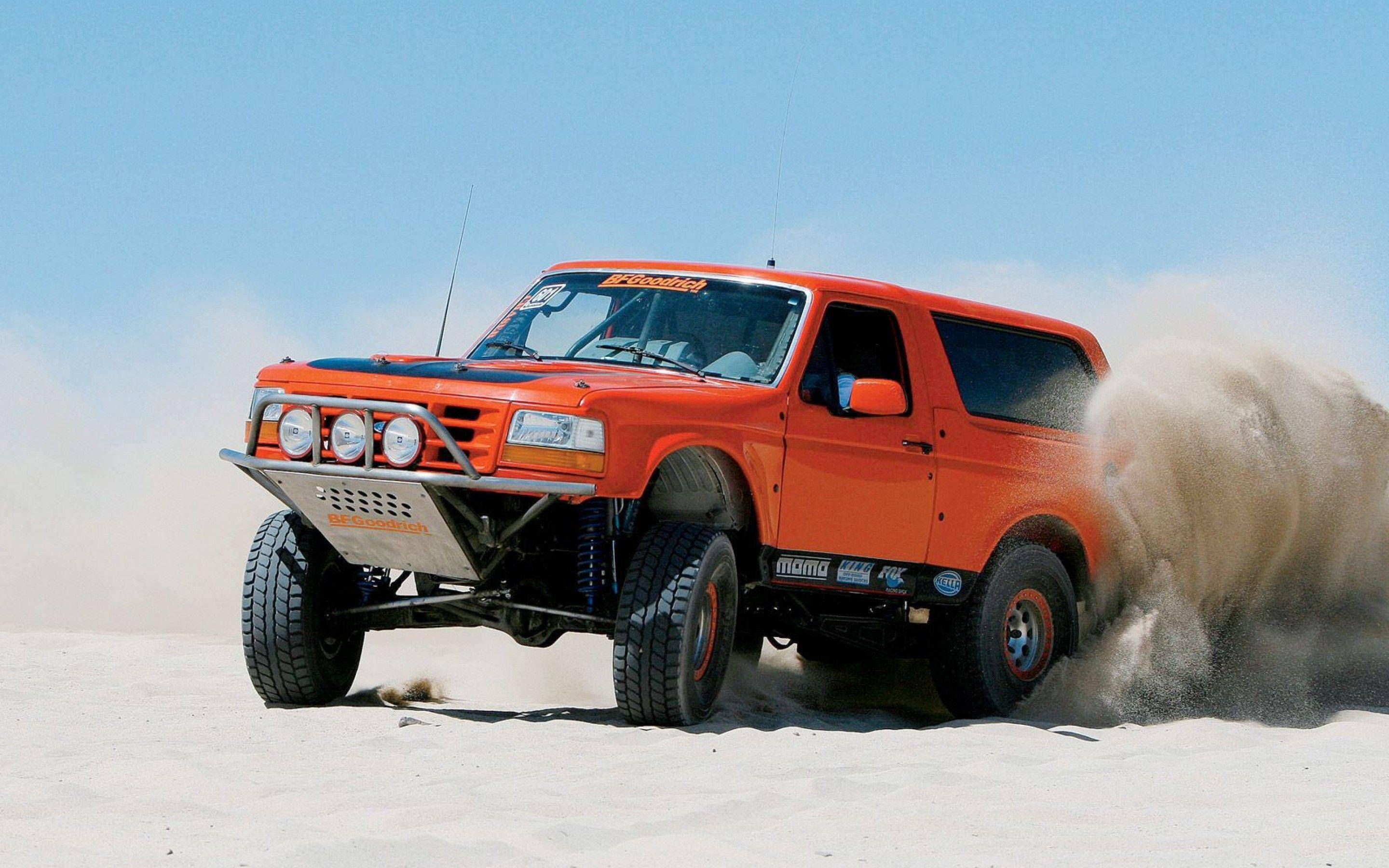 Ford Bronco, sand dunes, bright orange, 2K Desktop Wallpaper