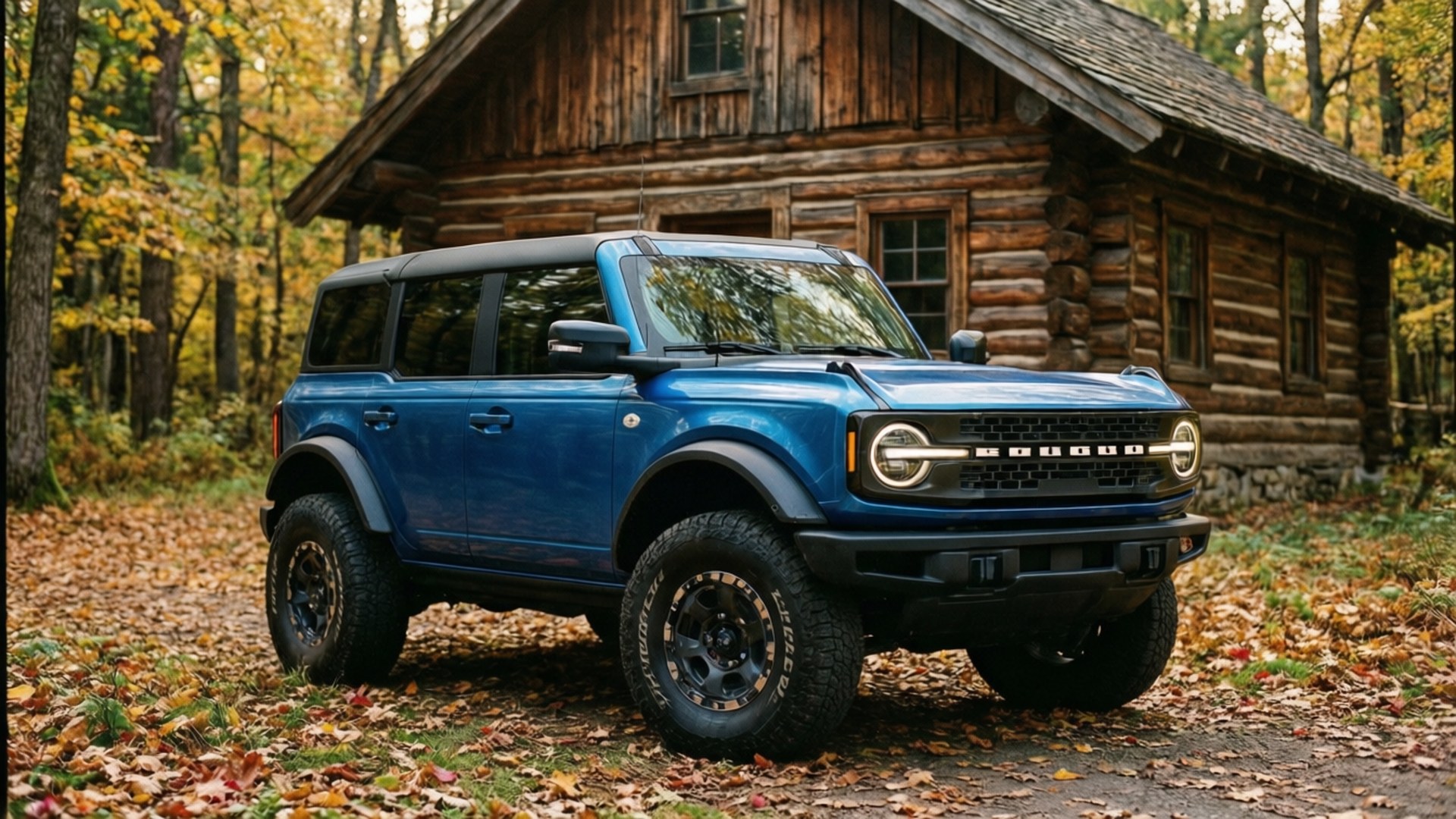 Ford Bronco, metallic blue, log cabin, Full HD Desktop Wallpaper