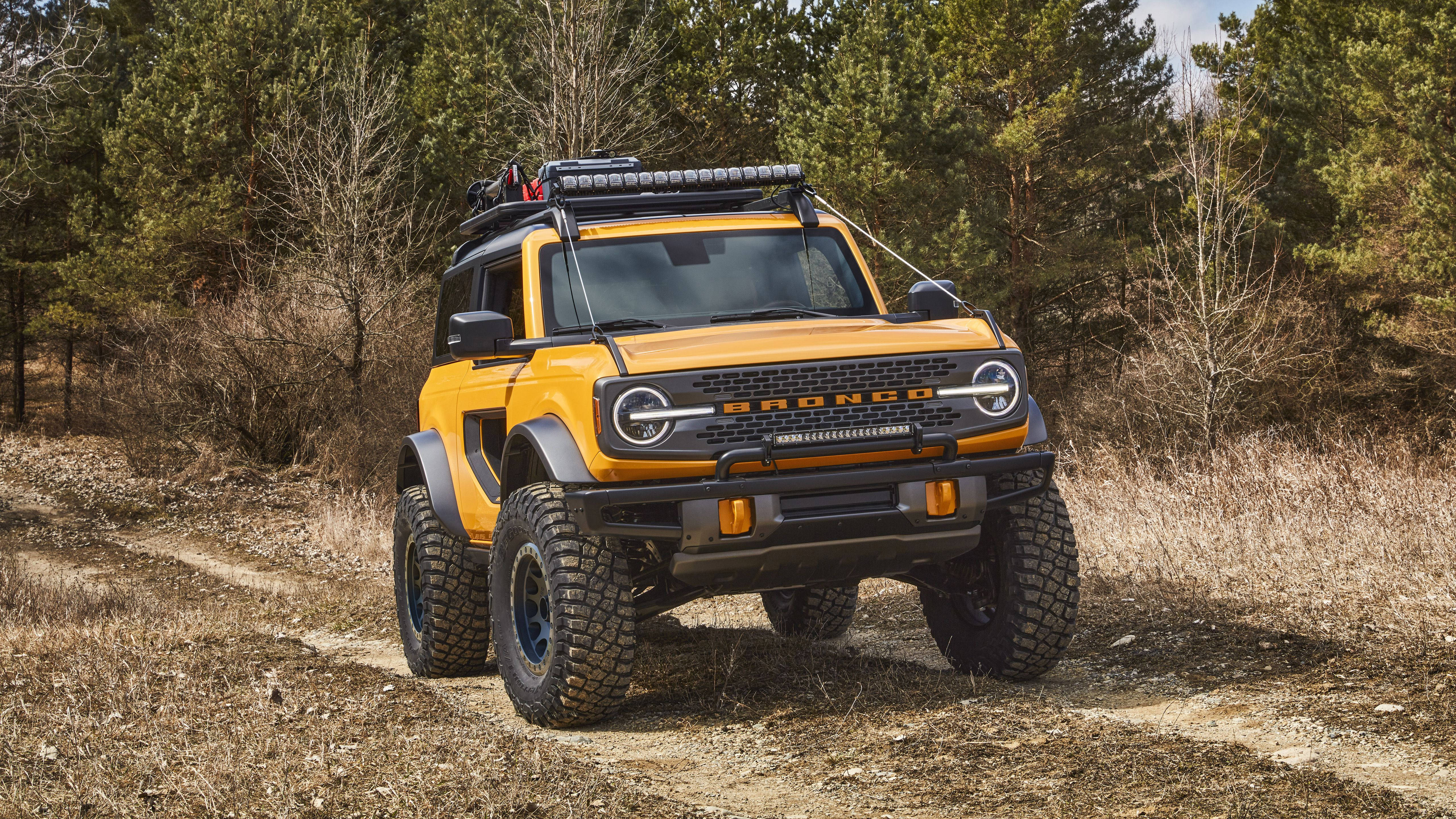 Ford Bronco, bright yellow paint, large tires, 5K Desktop Wallpaper