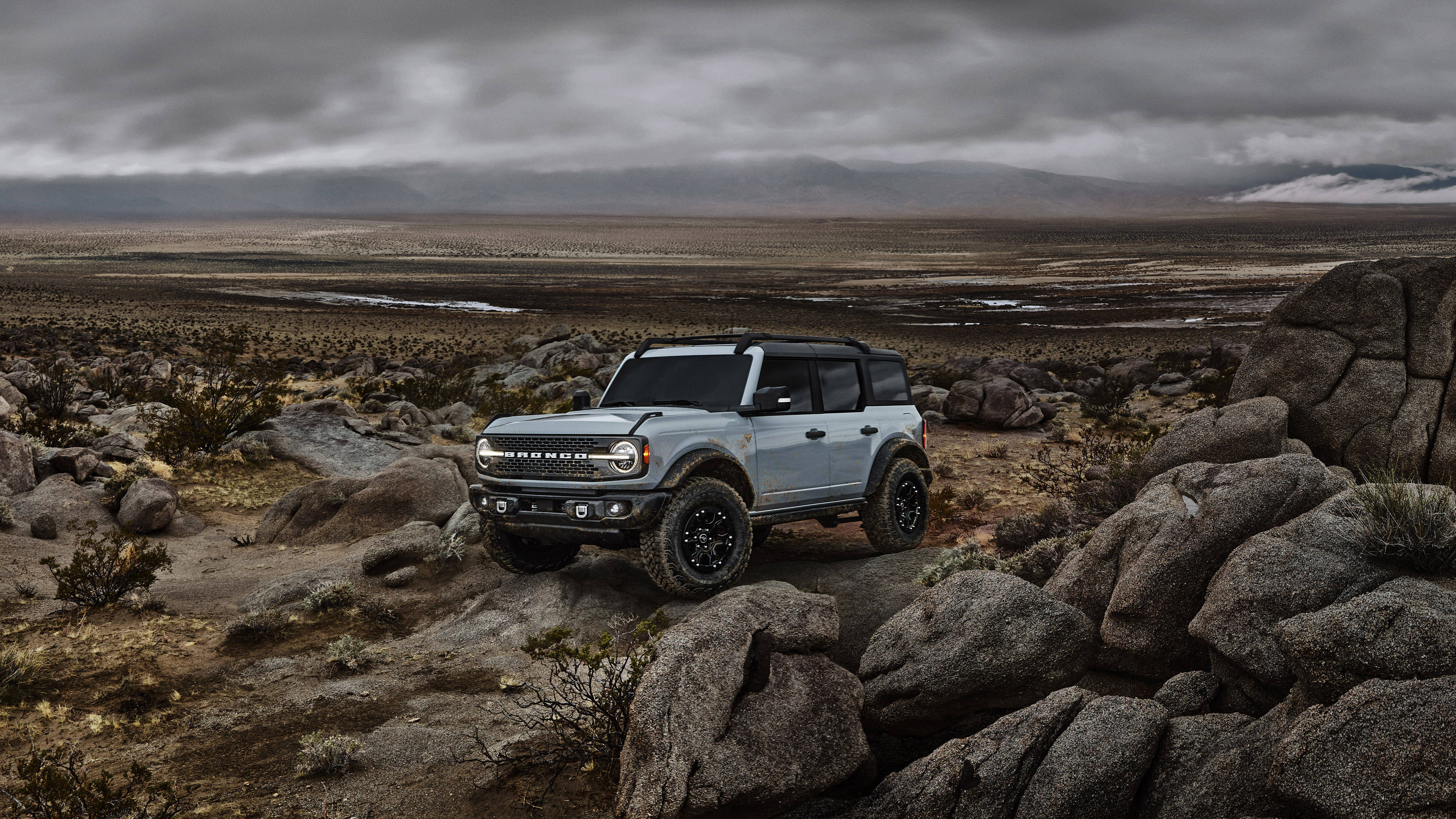 Ford Bronco, light blue, rocky terrain, 4K Desktop Wallpaper