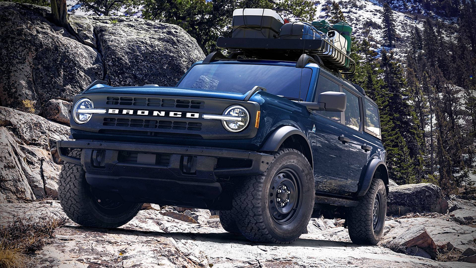 Ford Bronco, dark blue paint, snowy mountain rocks, Full HD Desktop Wallpaper