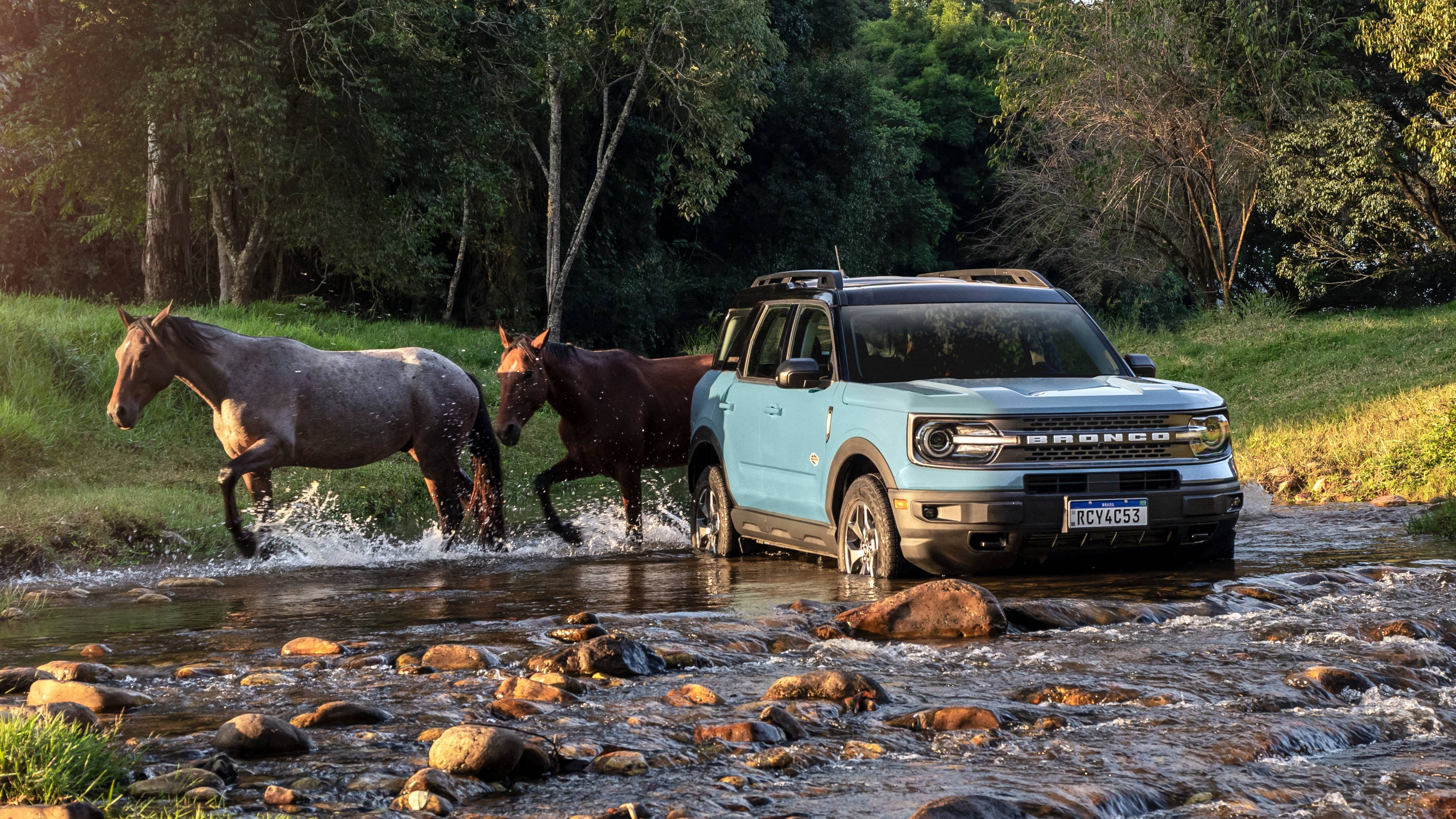 Ford Bronco, light blue, rocky stream, 4K Desktop Wallpaper