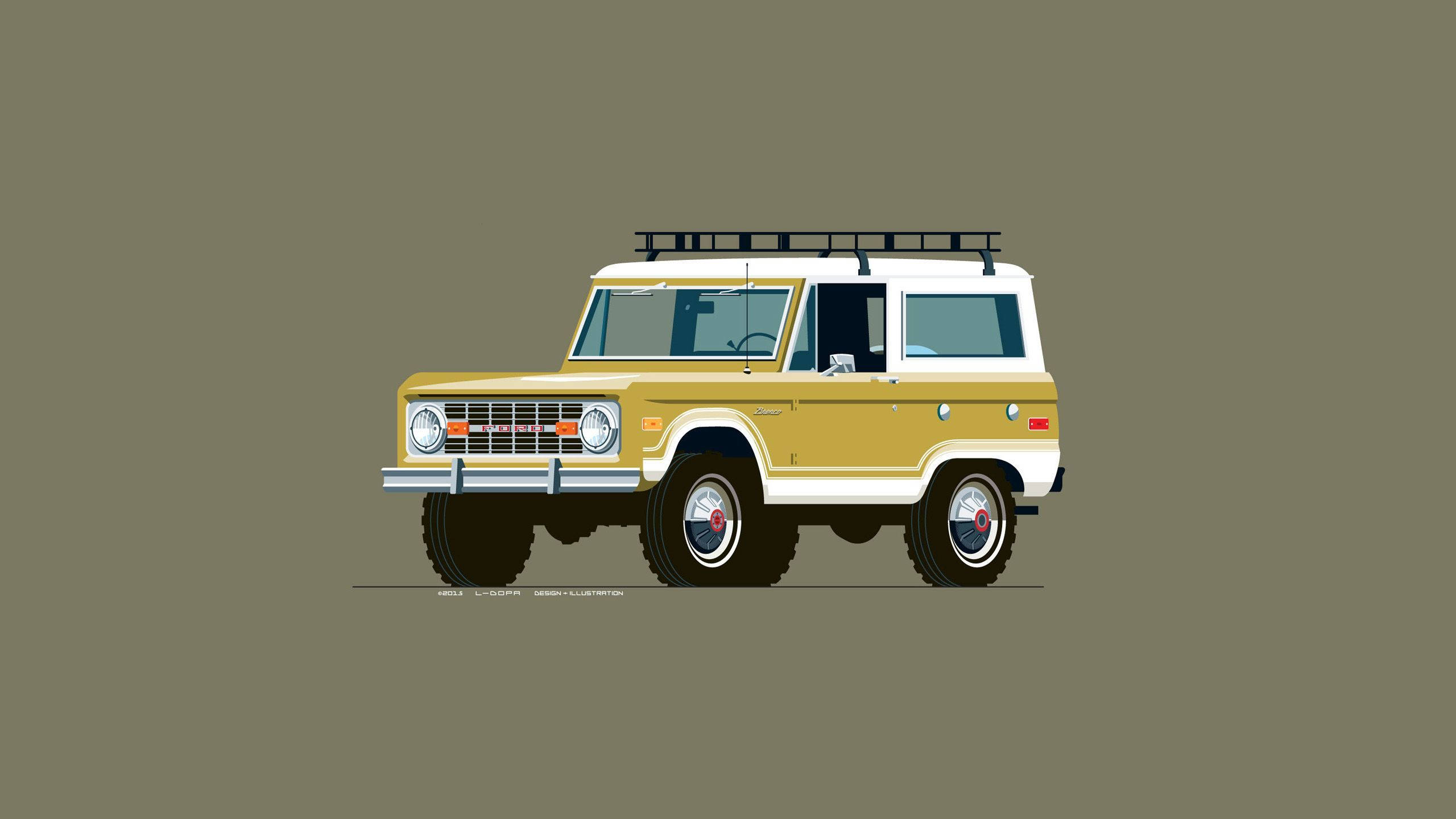 Ford Bronco, vintage yellow and white, roof rack, 2K Desktop Wallpaper