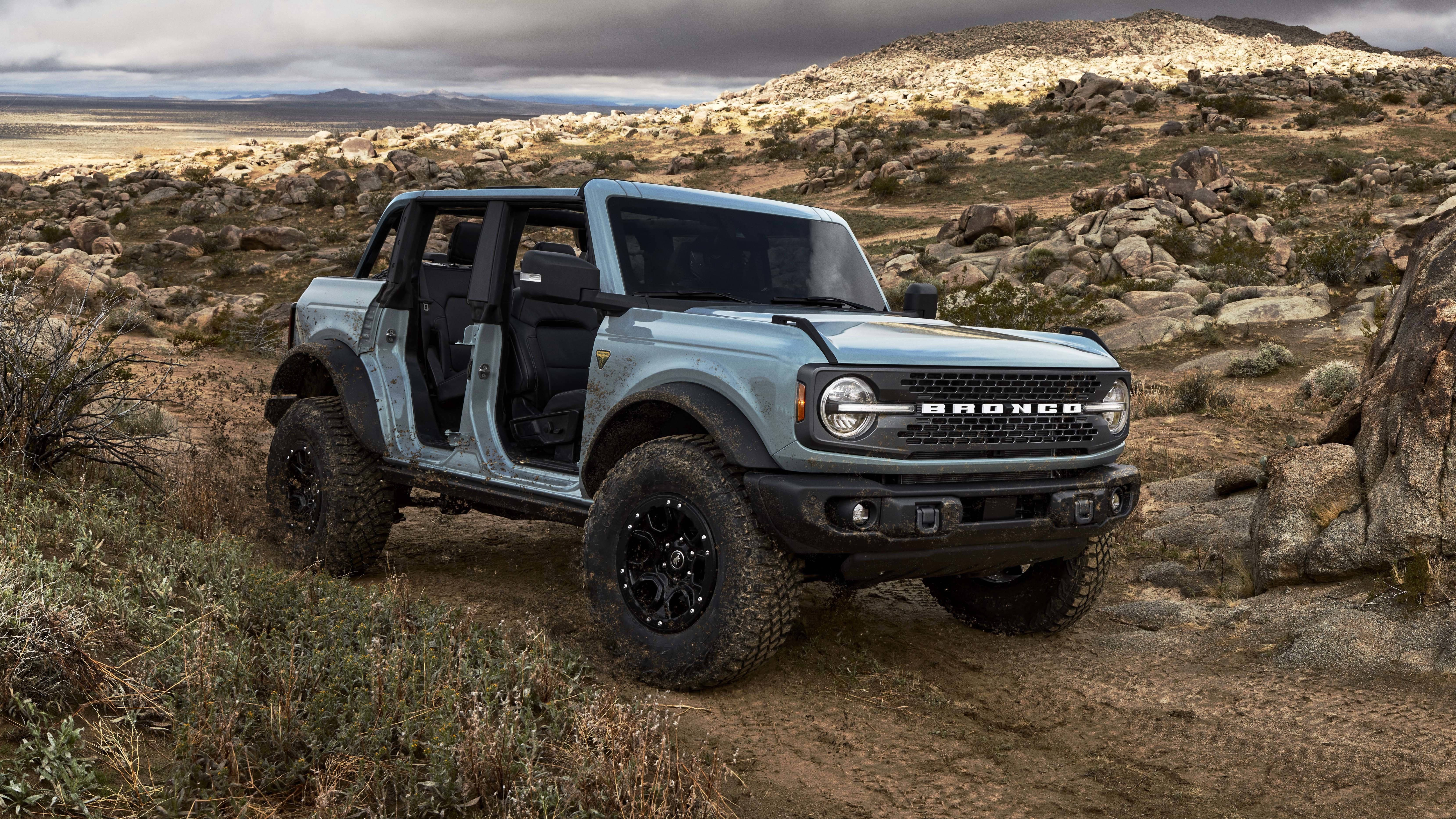 Ford Bronco, rocky desert trail, light blue, 5K Desktop Wallpaper
