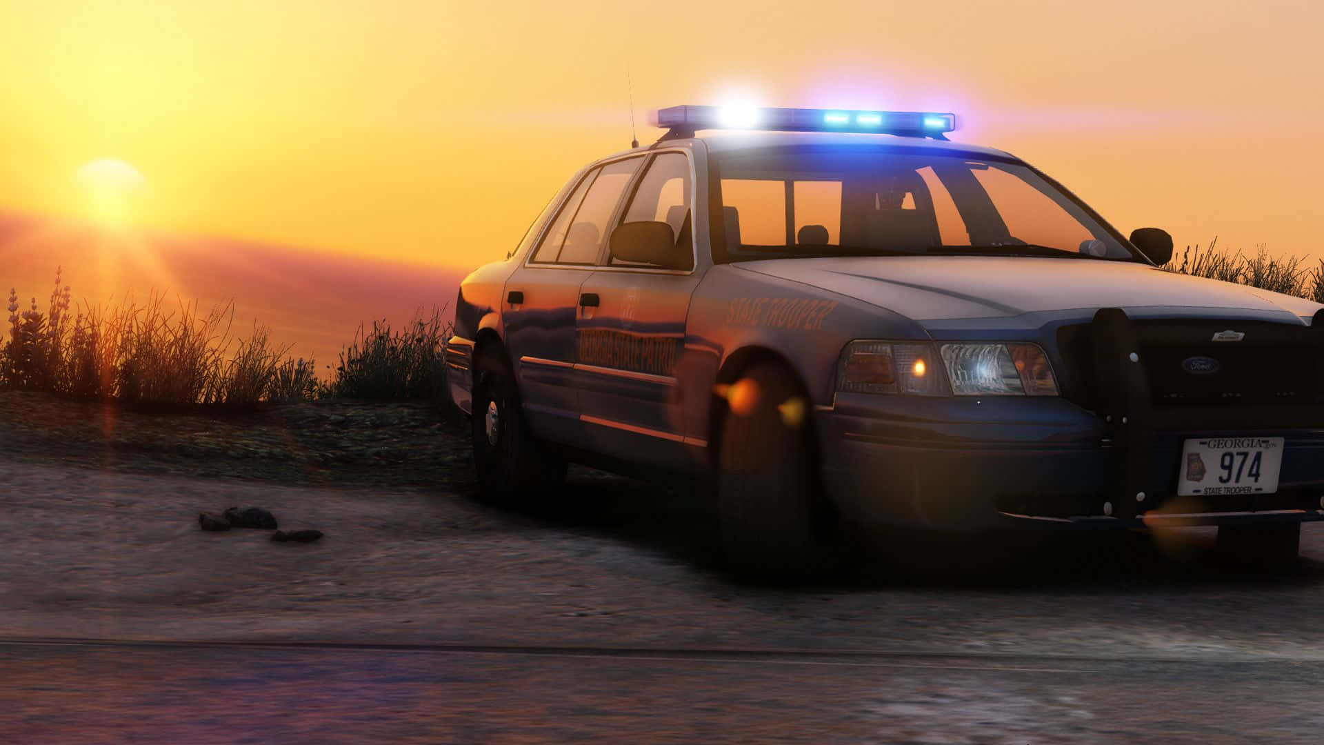 Ford Crown Victoria, police car, flashing blue lights, Full HD Desktop Wallpaper