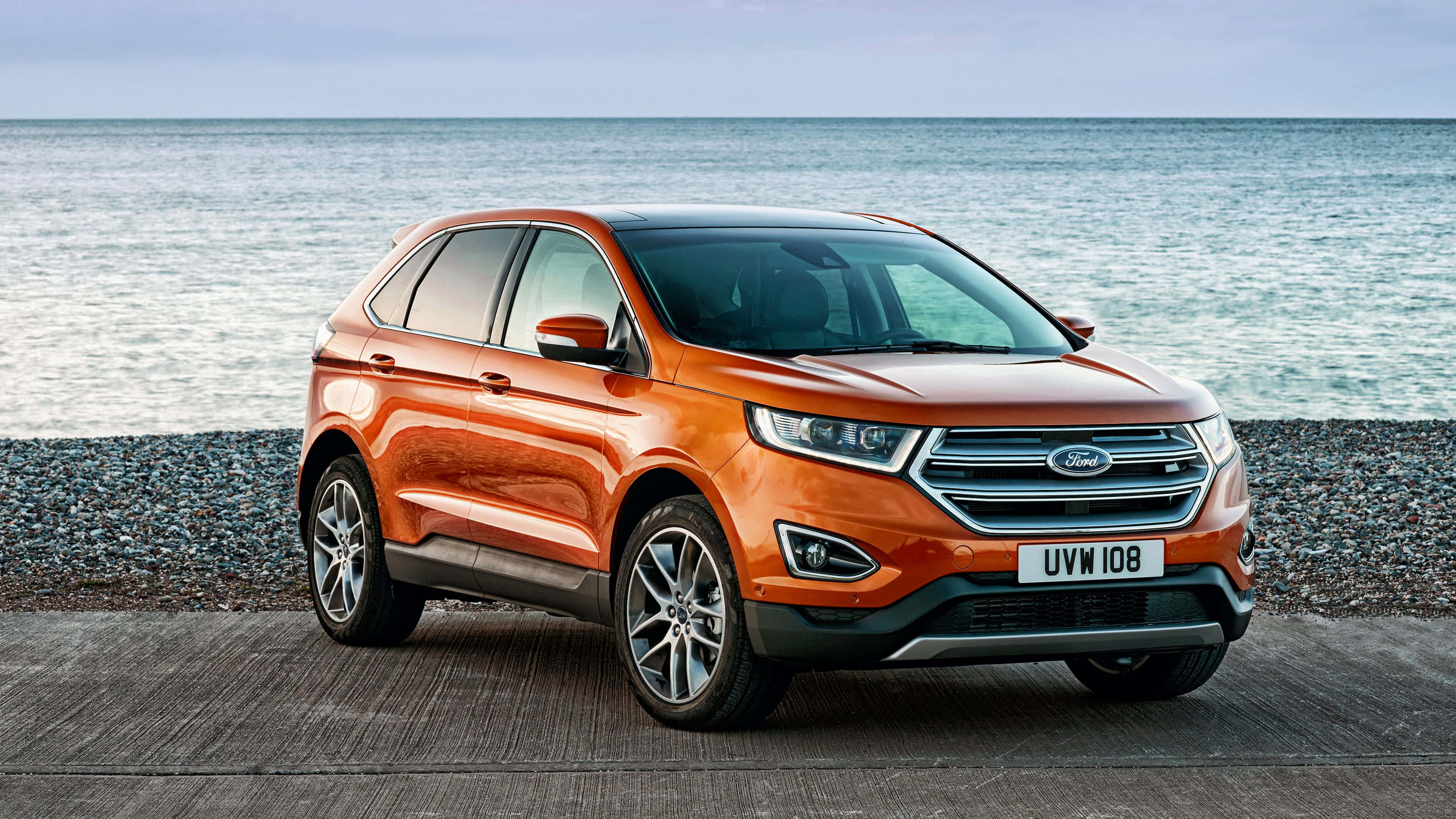 Ford Edge, orange, wooden pier, 4K Desktop Wallpaper