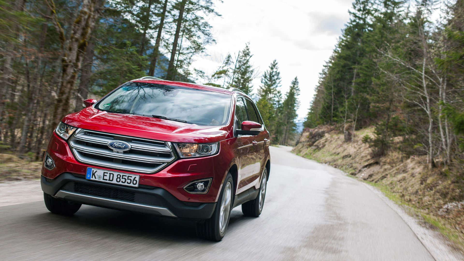 Ford Edge, glossy red, winding forest road, Full HD Desktop Wallpaper