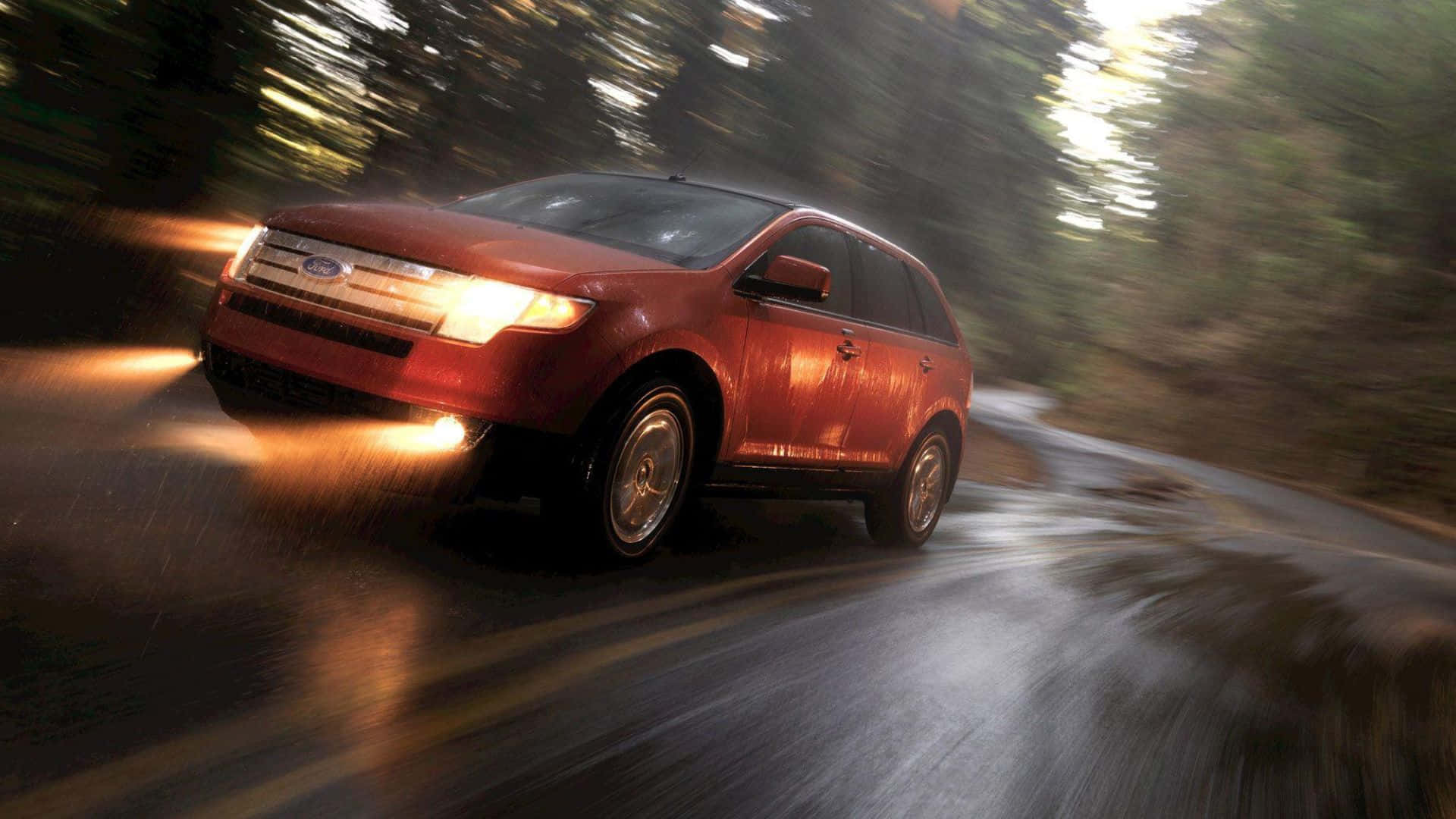 Ford Edge, red SUV, rain-slicked forest road, Full HD Desktop Wallpaper