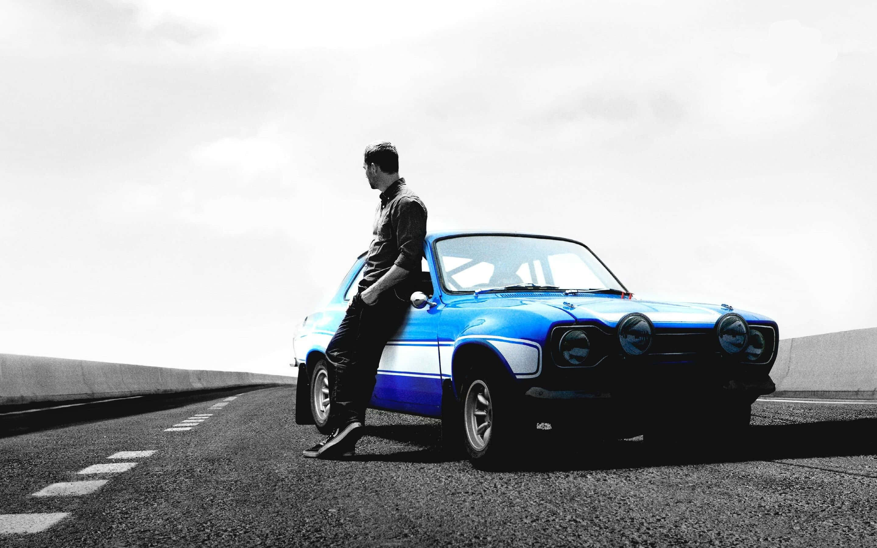 Ford Escort, vibrant blue, desolate highway, 2K Desktop Wallpaper