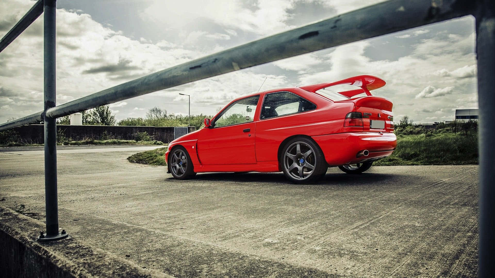 Ford Escort, vibrant red, large rear wing, Full HD Desktop Wallpaper