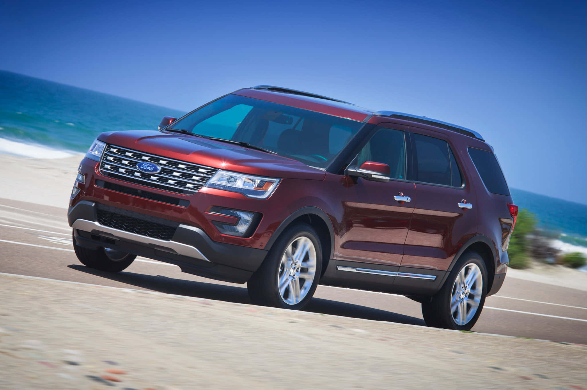 Ford Explorer, glossy red, coastal road, Full HD Desktop Wallpaper