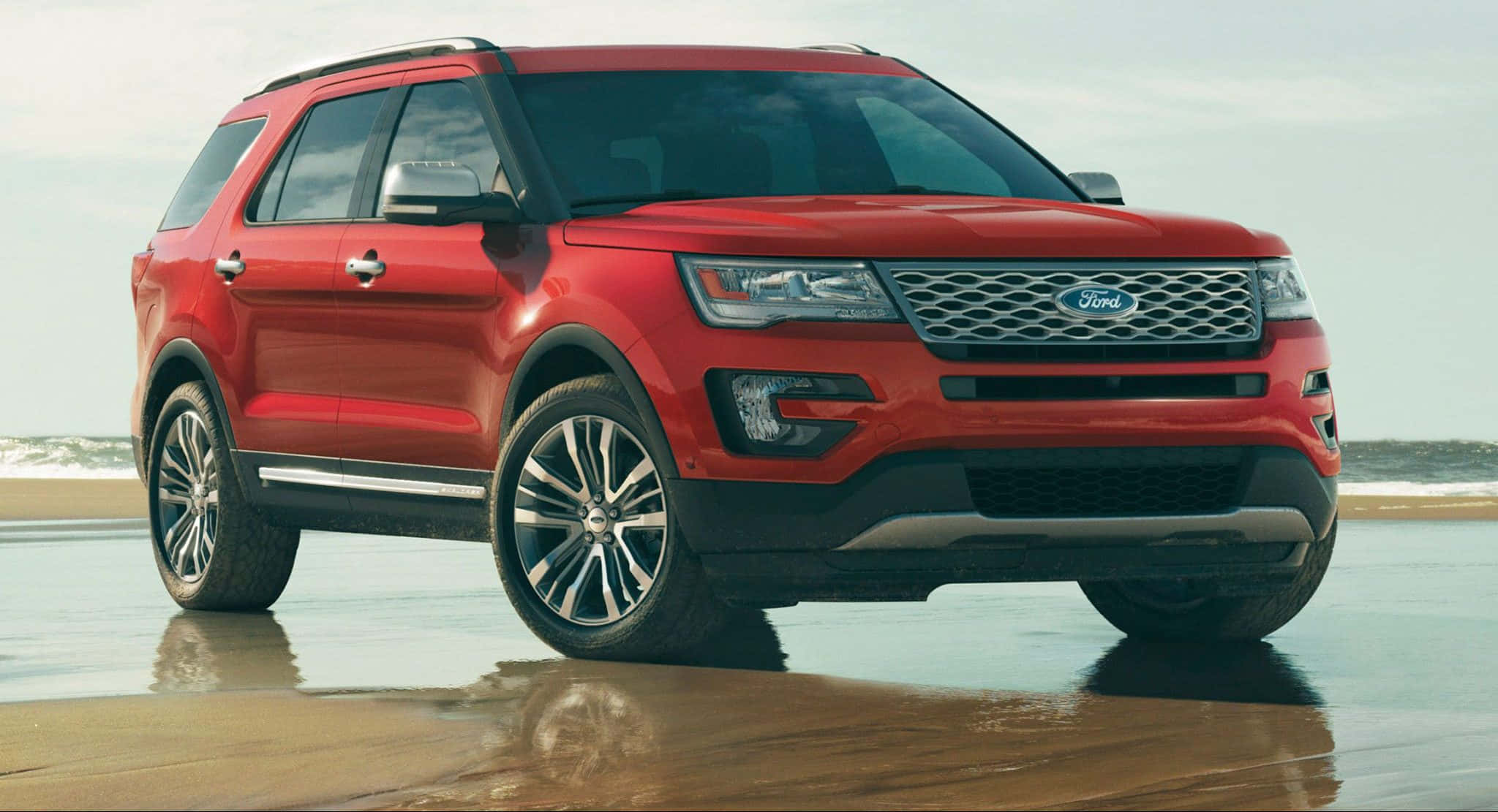 Ford Explorer, red, wet sand, Full HD Desktop Wallpaper