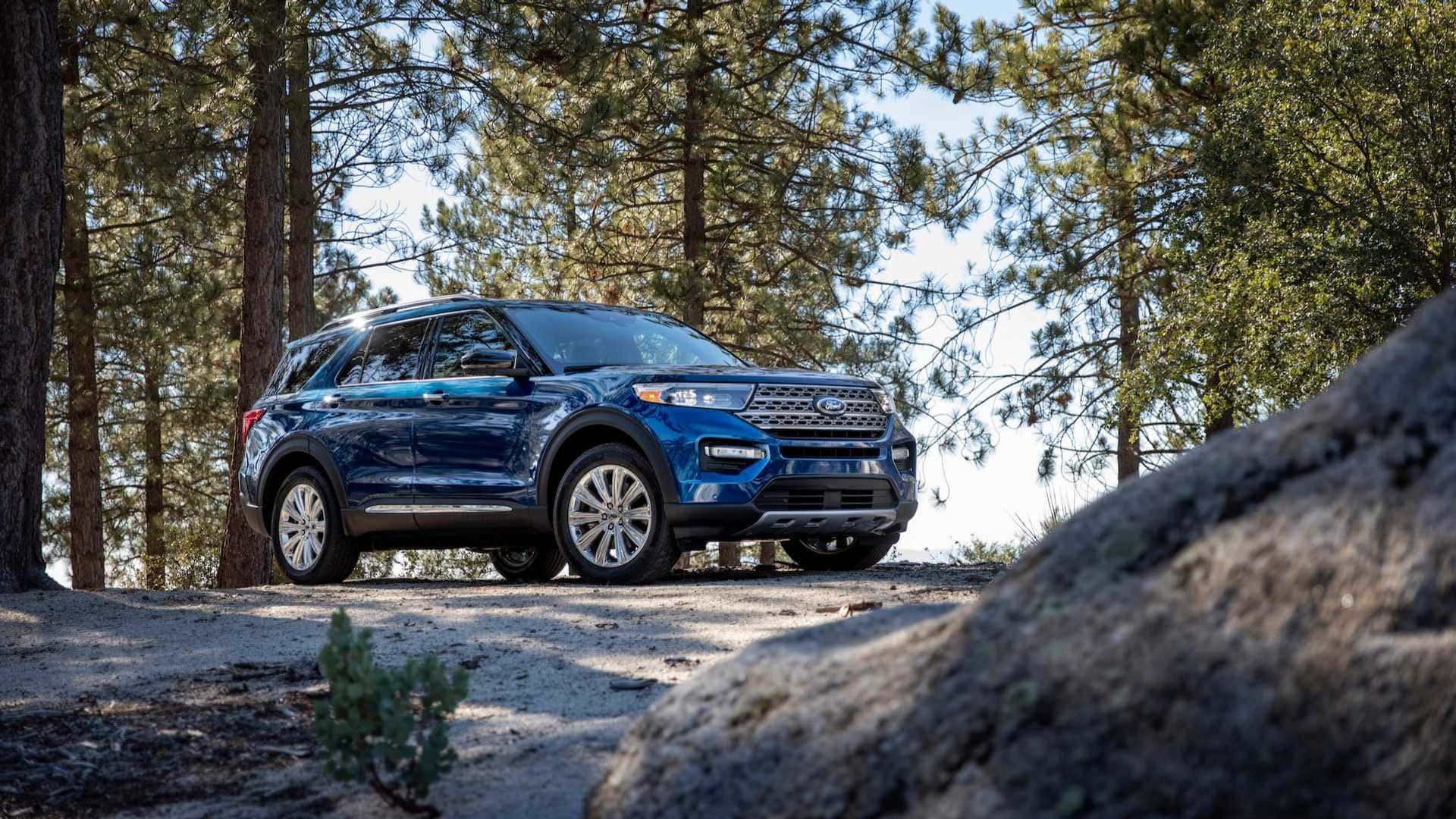 Ford Explorer, blue, forest trail, Full HD Desktop Wallpaper