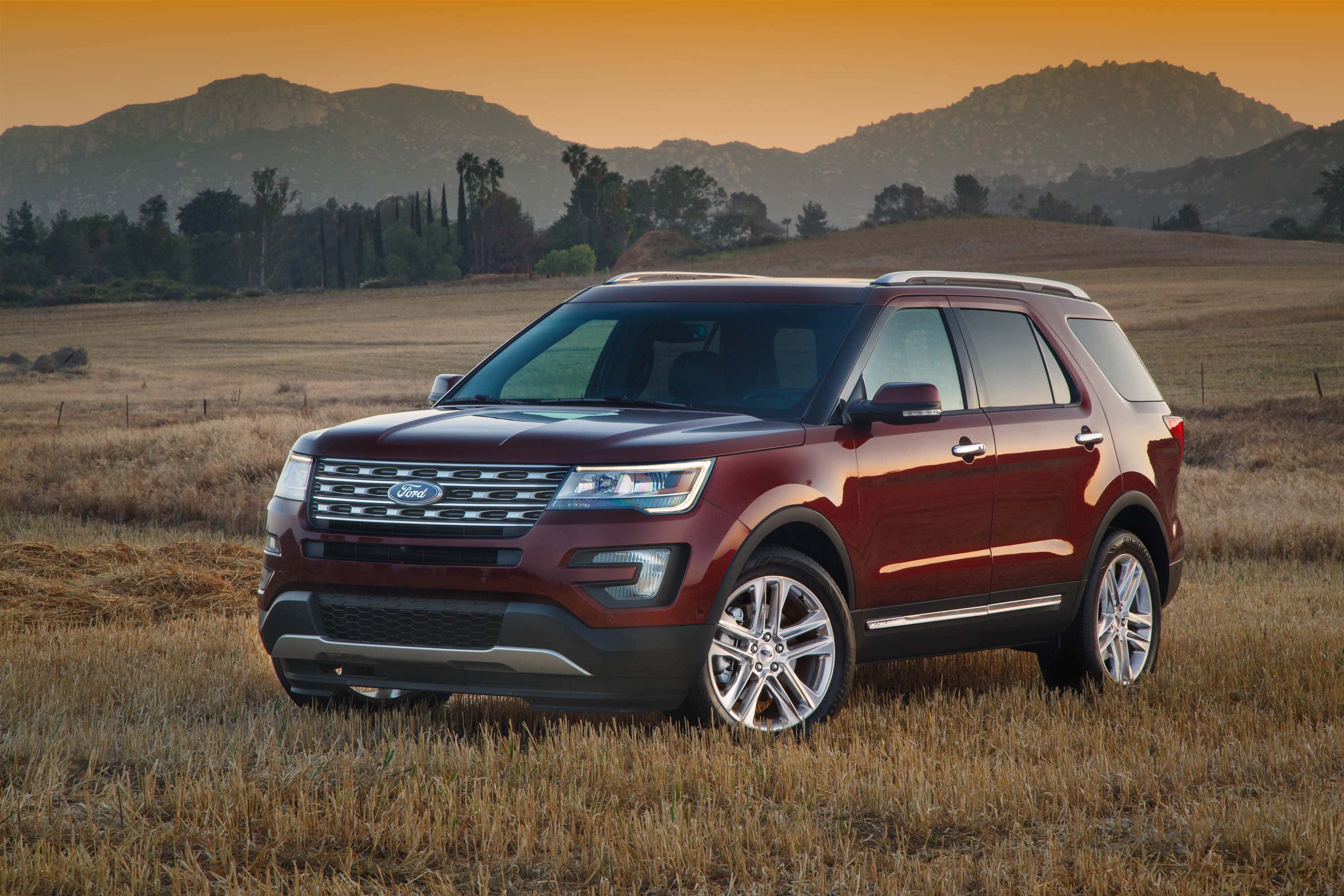 Ford Explorer, maroon, sunset, 2K Desktop Wallpaper