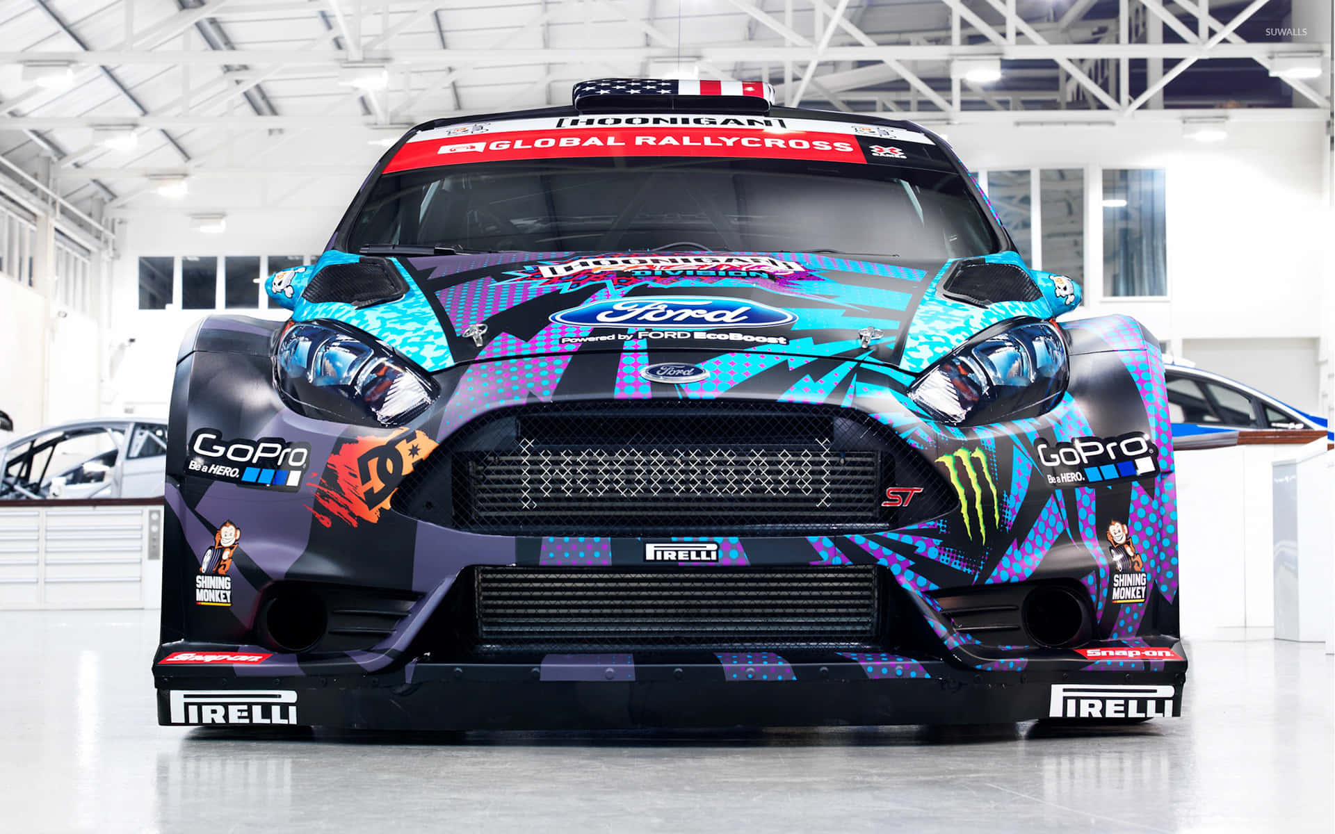 Ford Fiesta, rallycross car, blue purple and black graphics, Full HD Desktop Wallpaper