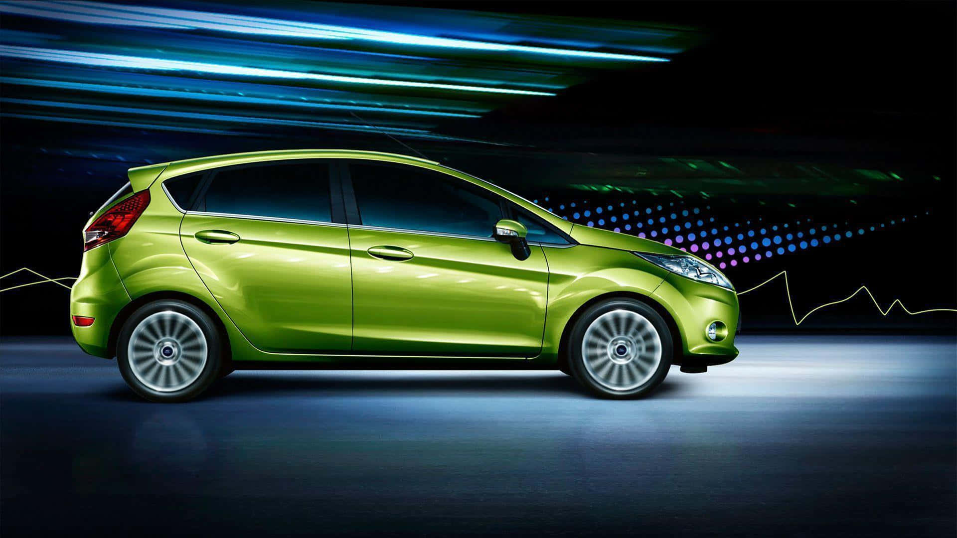 Ford Fiesta, lime green, neon-lit tunnel, Full HD Desktop Wallpaper