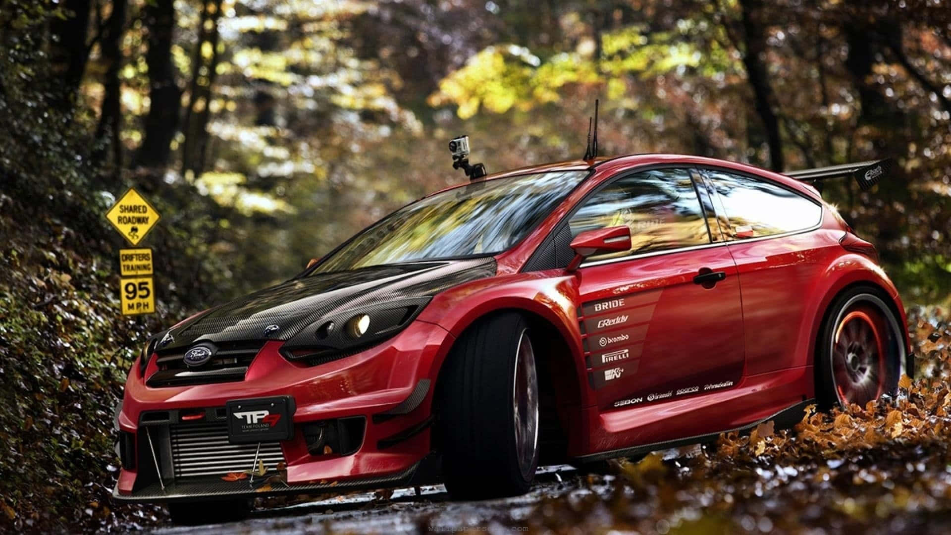 Ford Fiesta, red rally car, black carbon fiber hood, Full HD Desktop Wallpaper
