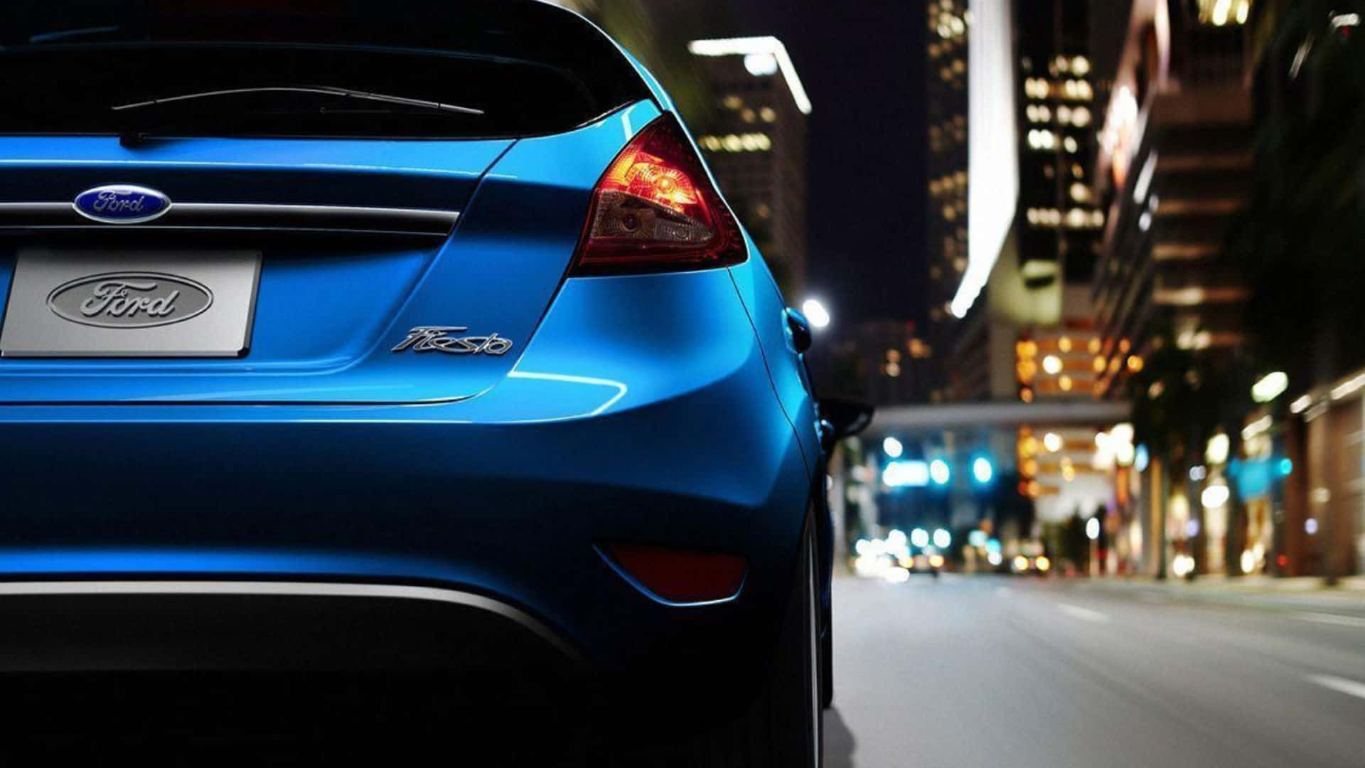 Ford Fiesta, neon-lit city street, night, Full HD Desktop Wallpaper