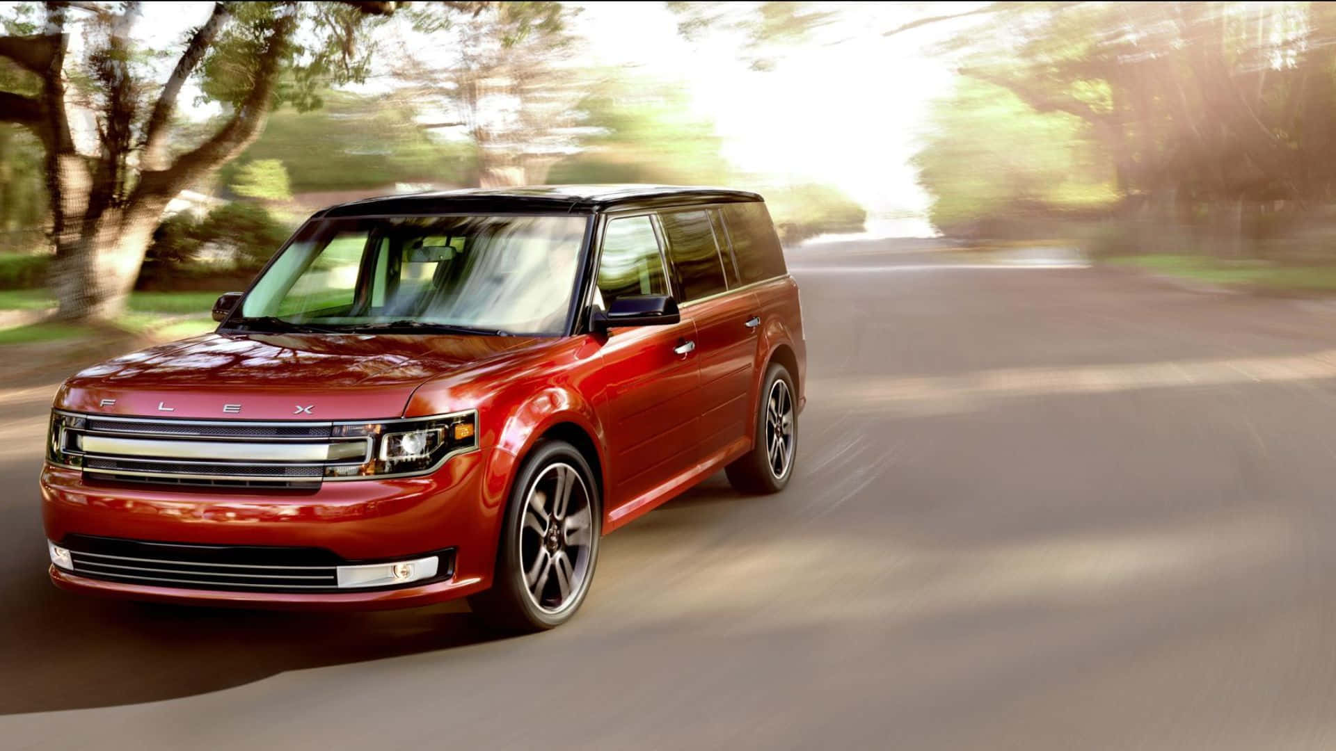 Ford Flex, vibrant red, tree-lined road, Full HD Desktop Wallpaper