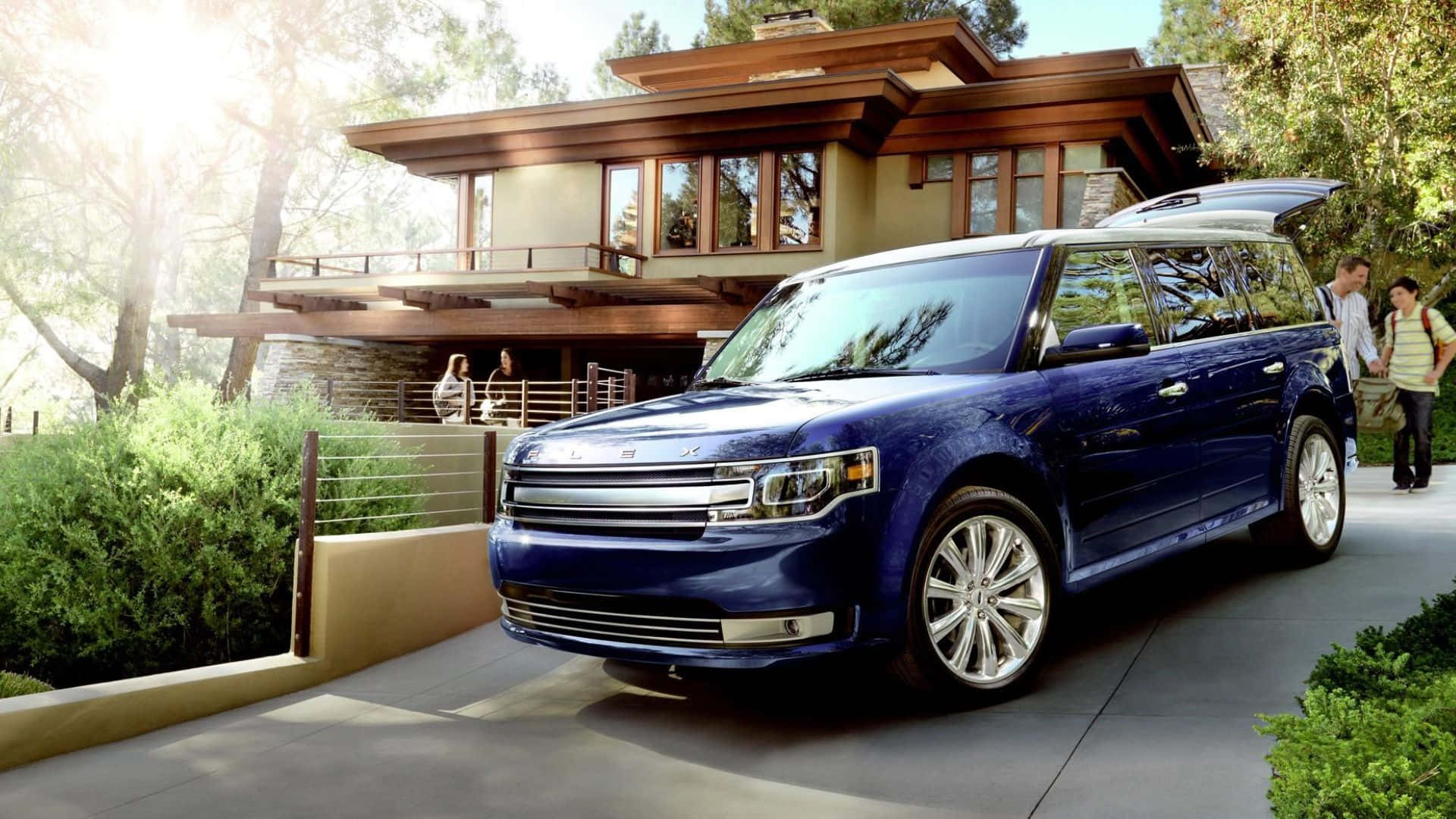 Ford Flex, glossy blue, modern wooden house, Full HD Desktop Wallpaper