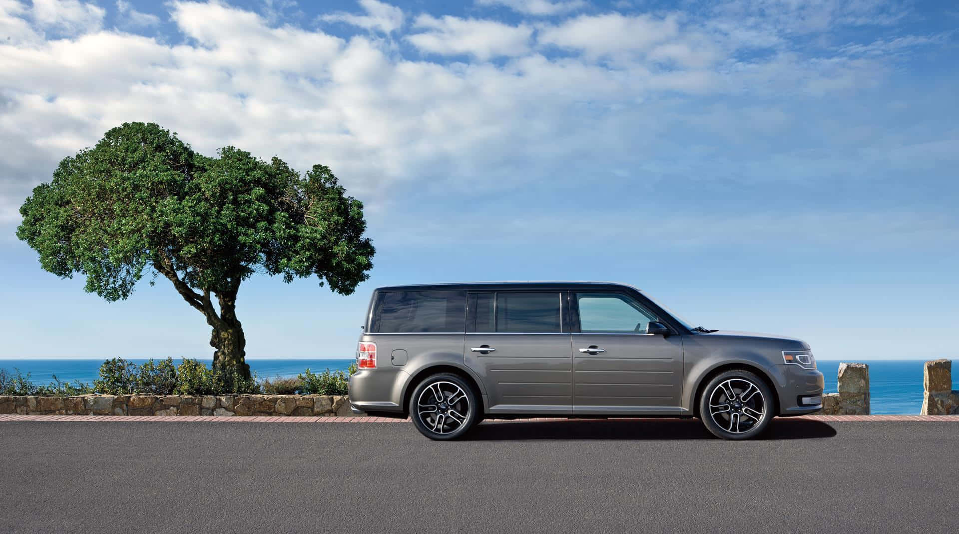 Ford Flex, sleek silver SUV, coastal road, Full HD Desktop Wallpaper