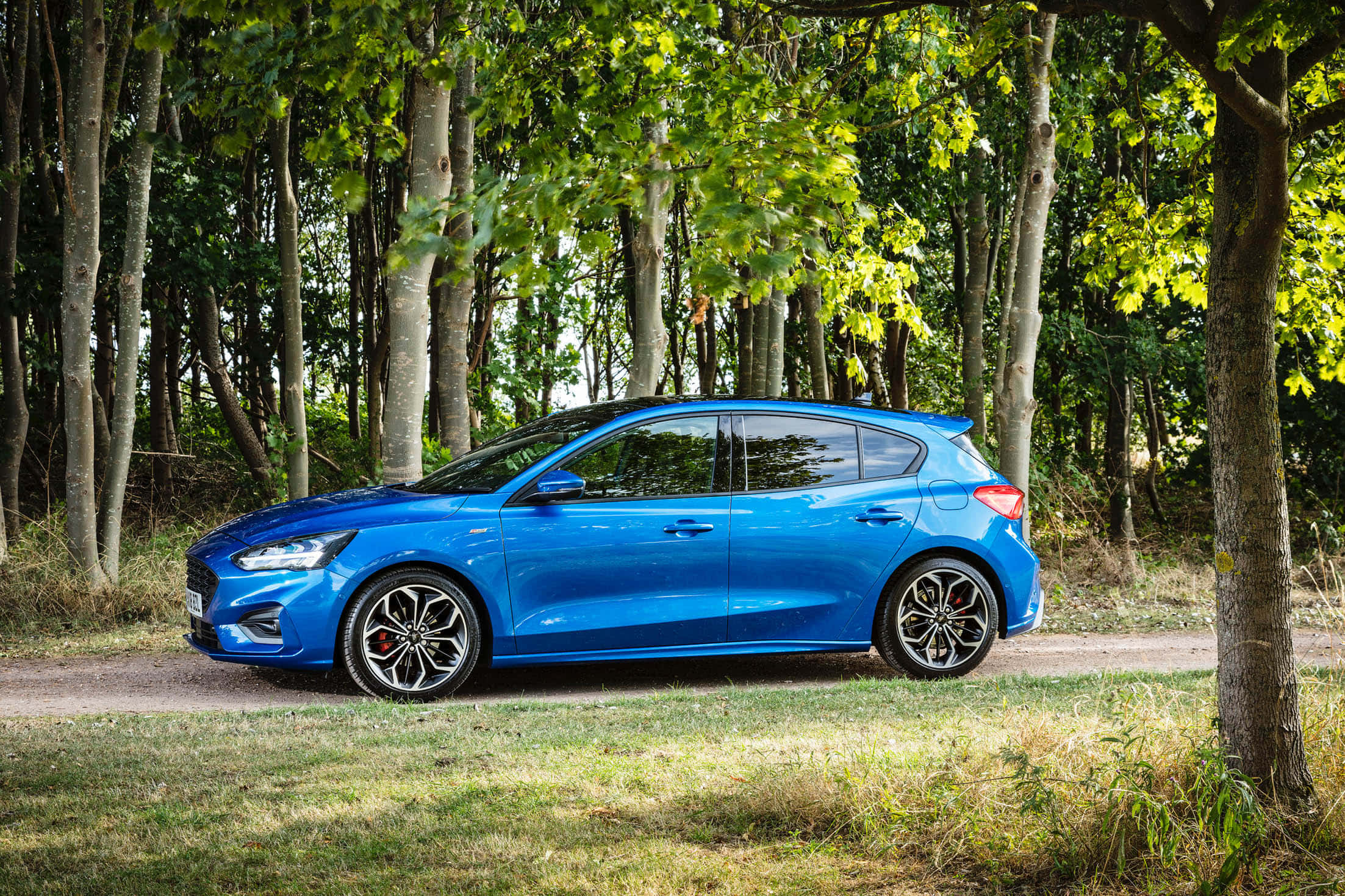 Ford Focus, vibrant blue hatchback, dirt path, Full HD Desktop Wallpaper
