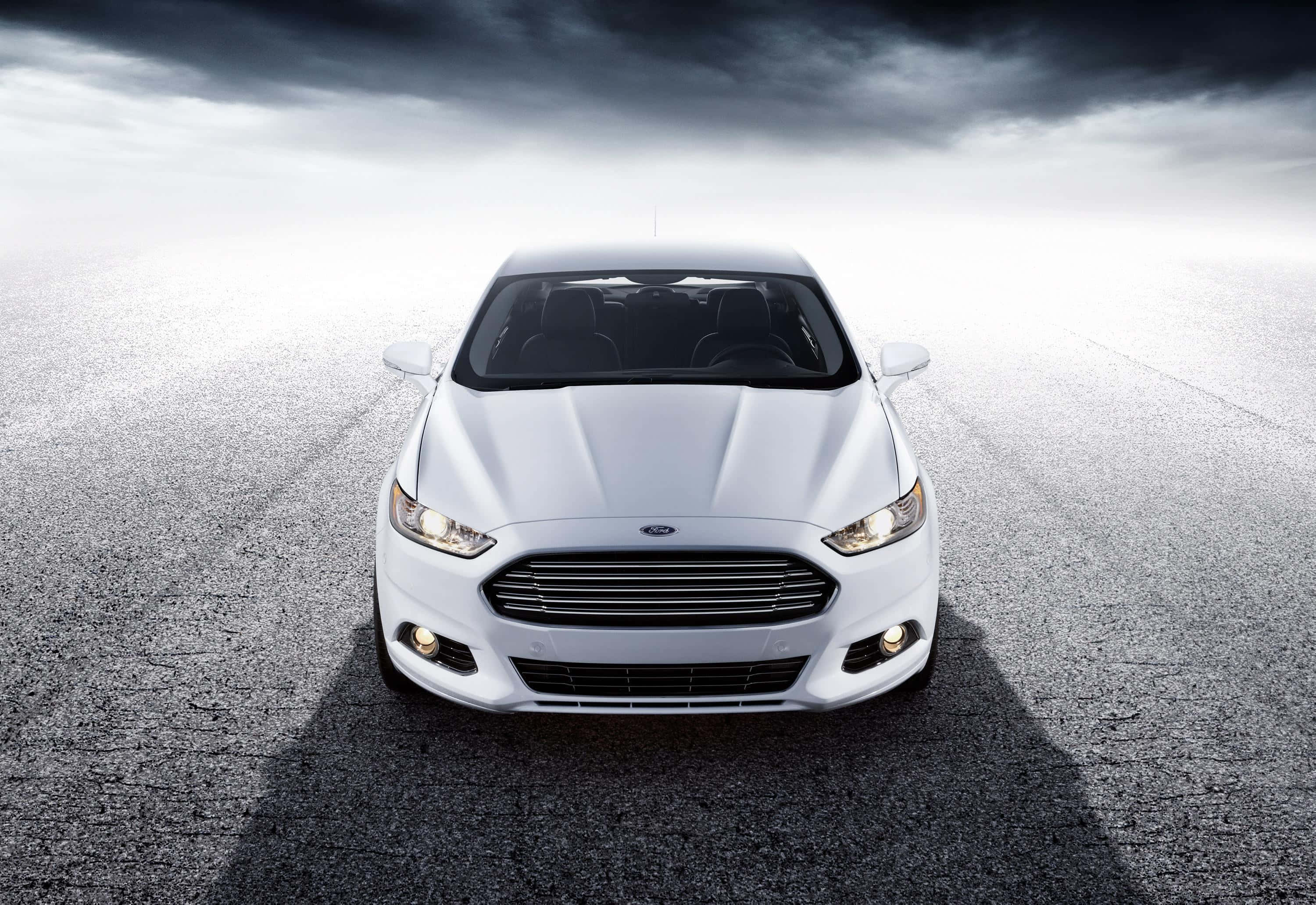 Ford Fusion, white, cracked asphalt road, 2K Desktop Wallpaper