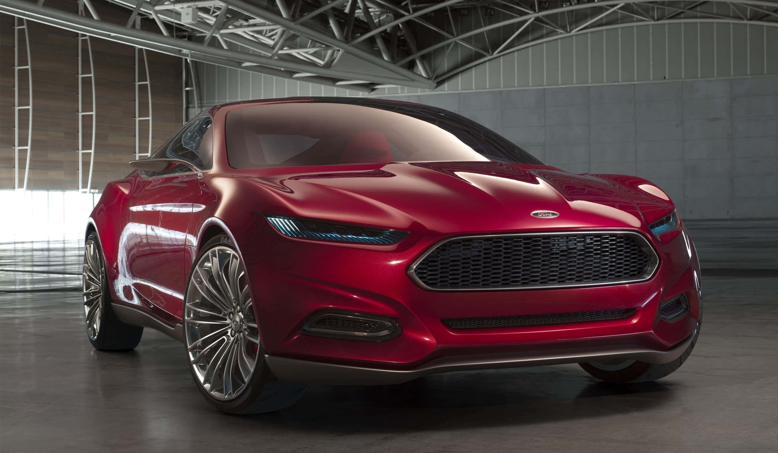 Ford Fusion, red, glowing blue headlights, 2K Desktop Wallpaper