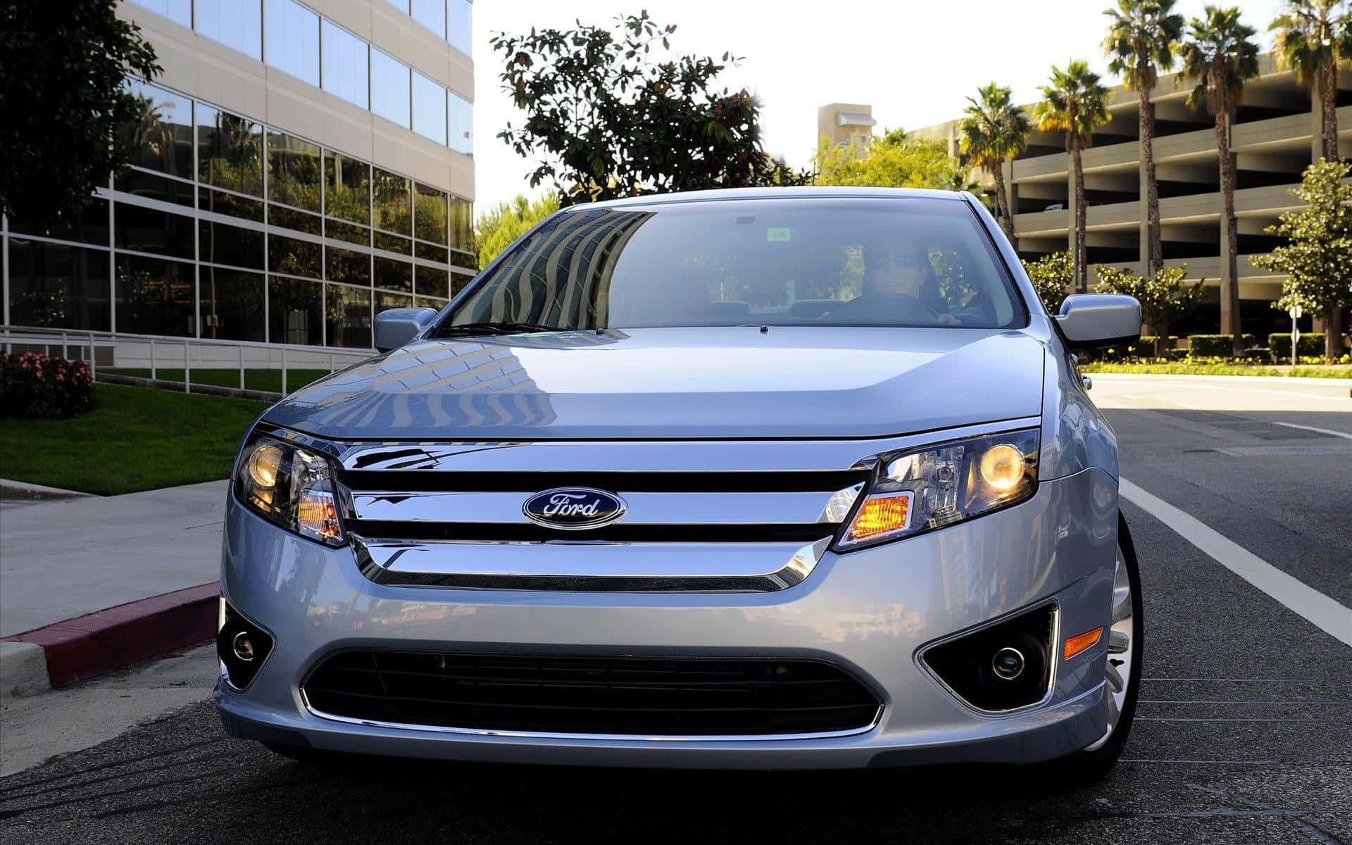 Ford Fusion, silver, modern glass building, Full HD Desktop Wallpaper