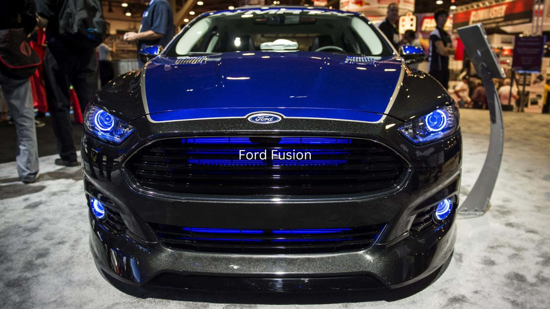Ford Fusion, glossy black and blue, glowing blue headlights, Full HD Desktop Wallpaper