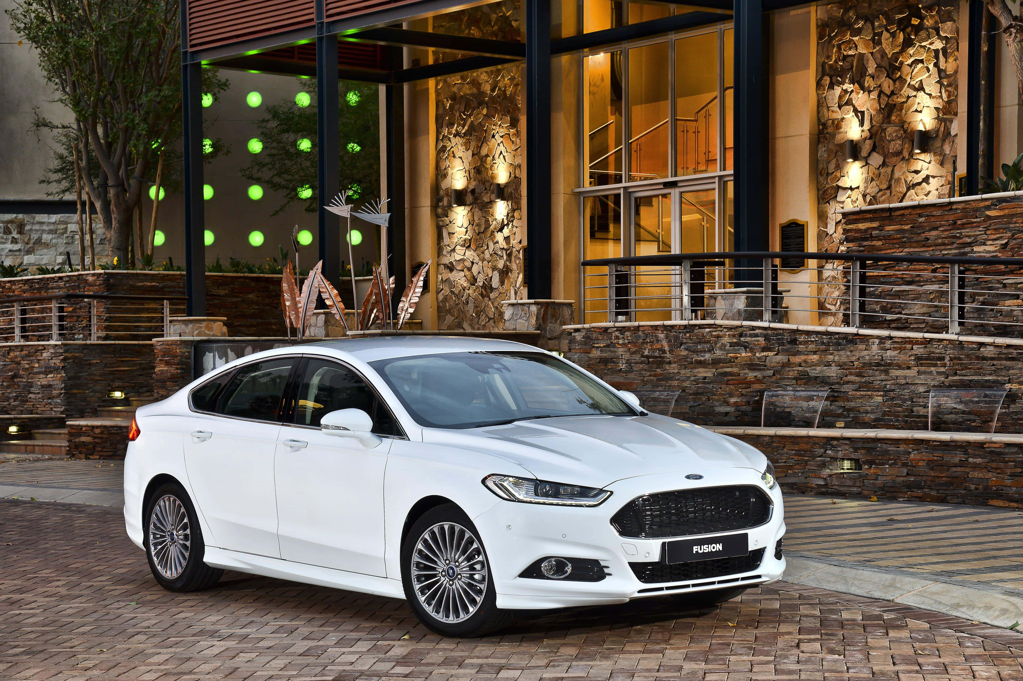 Ford Fusion, white, brick patio, 4K Desktop Wallpaper