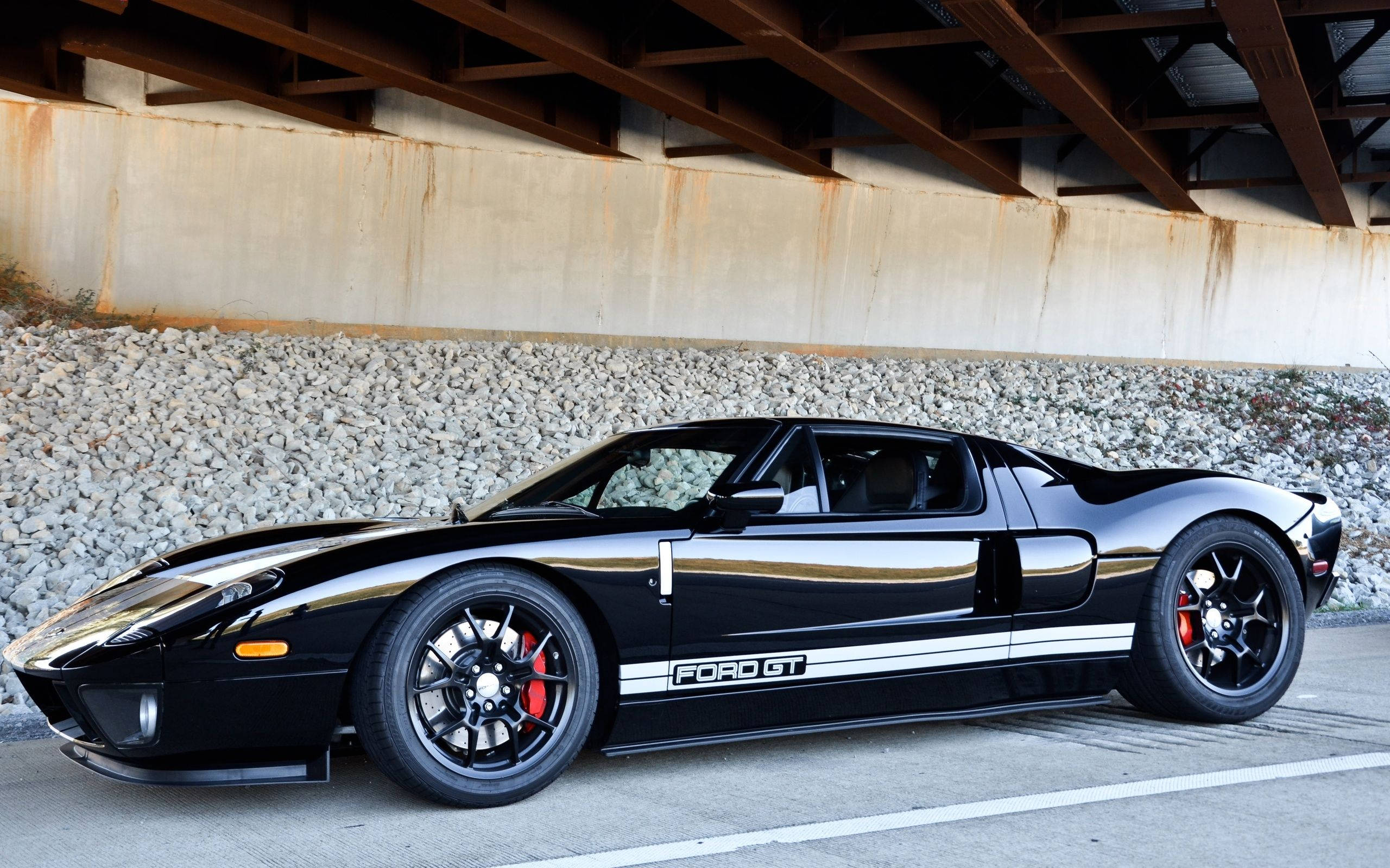 2005 Ford GT, black, white stripes, 2K Desktop Wallpaper